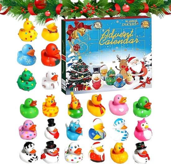 VONKELIOS®Adventskalender met 24 kerst‑thema rubberen badeendjes, drijvend badspeelgoed voor baby en kinderen, kerst blindbox set, geschikt voor thuis en verjaardagsfeesten, interactieve verrassingscadeau