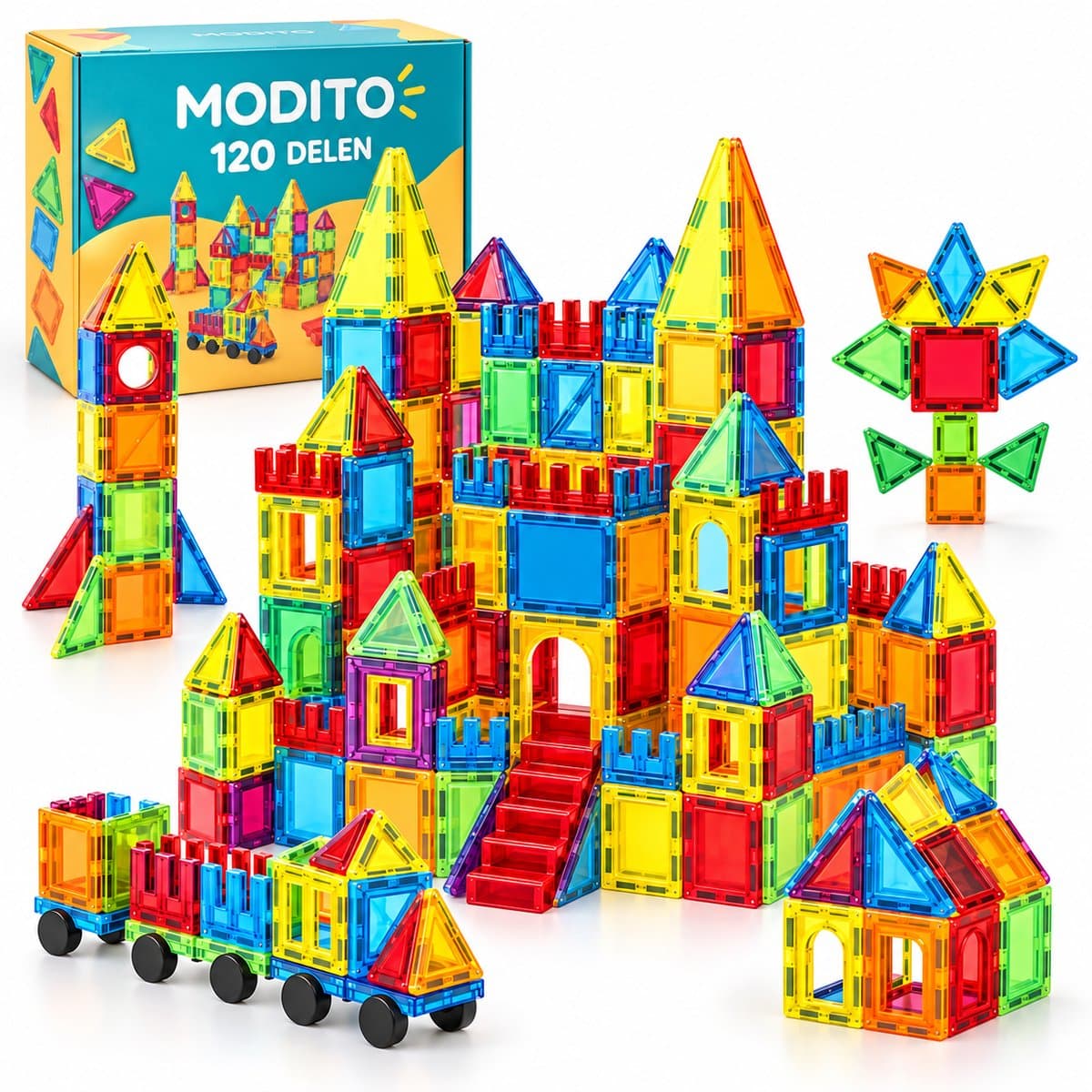 Modito Magnetic Tiles 120 Stuks - Magnetische tegels - Magnetisch Speelgoed - Magneten Speelgoed - Montessori - Magnetische Blokken