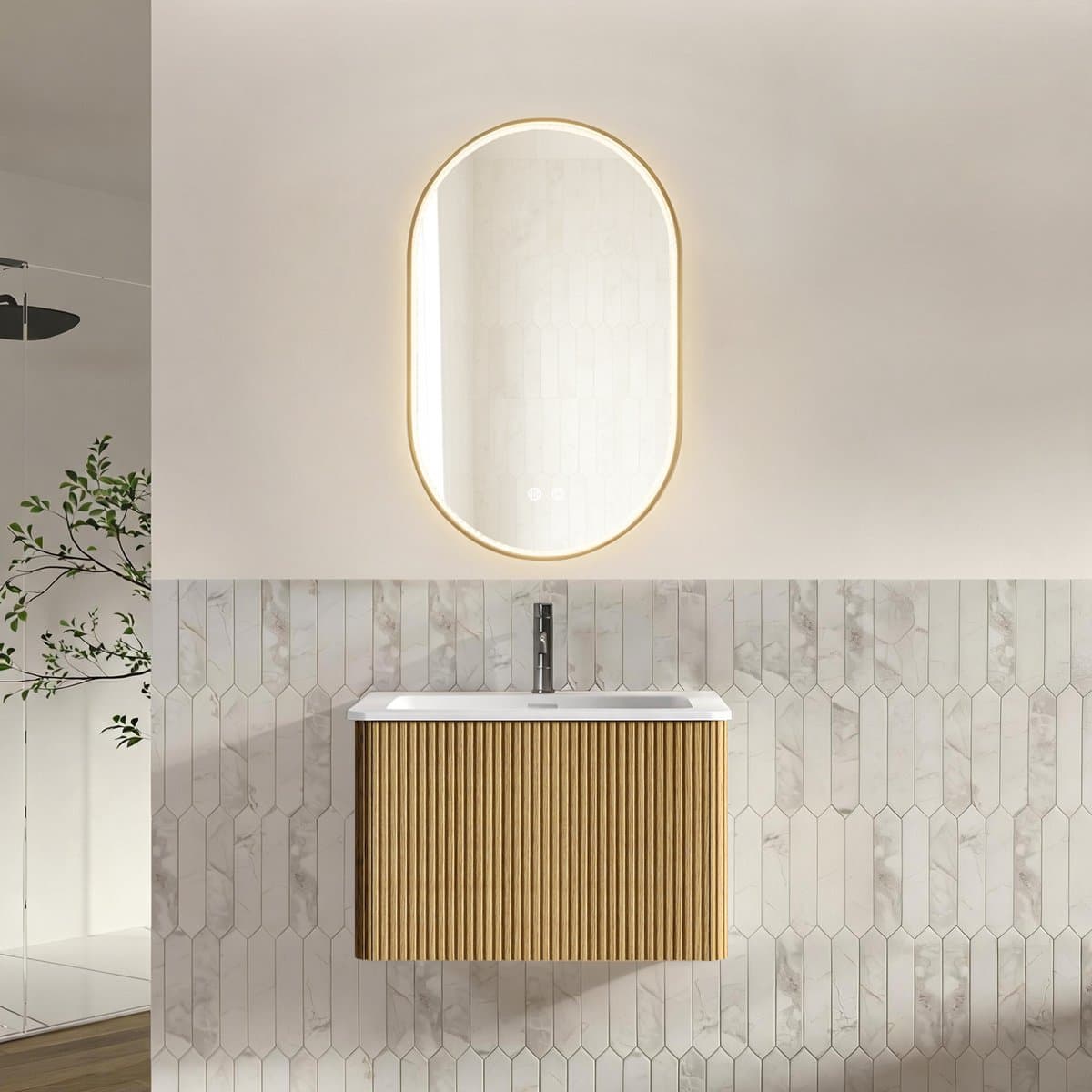 Badkamermeubelset - Hangende Wastafel Met Waskast En Ovale Ledspiegel - Eikenkleurig Voor Kleine Badkamers - MDF - 60 Cm - Wit