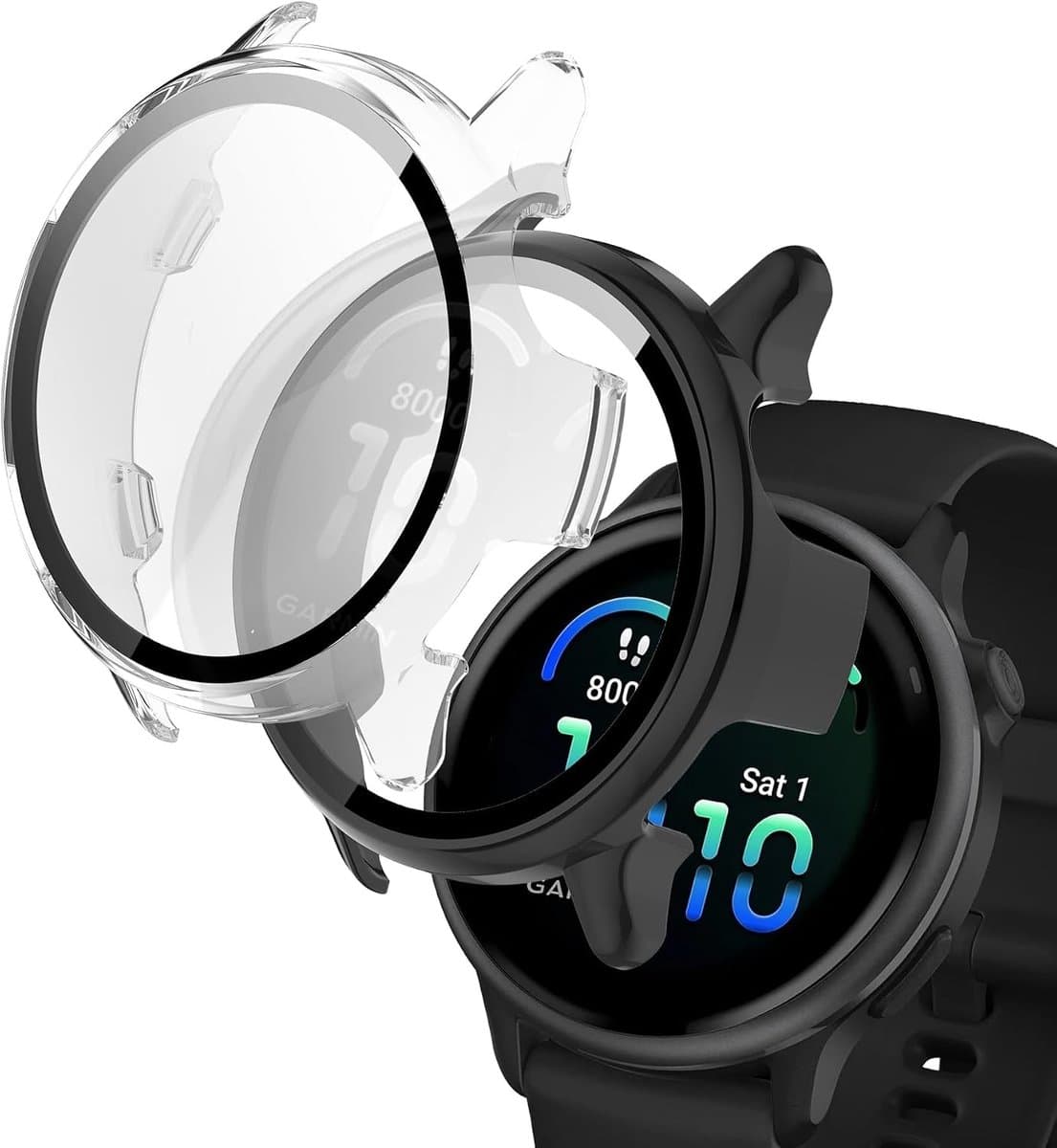 Pack van 2 stevige beschermhoezen met gehard glazen schermbeschermer voor Garmin Vivoactive 6, Zwart/Transparant, Schokbestendig en Krasbestendig