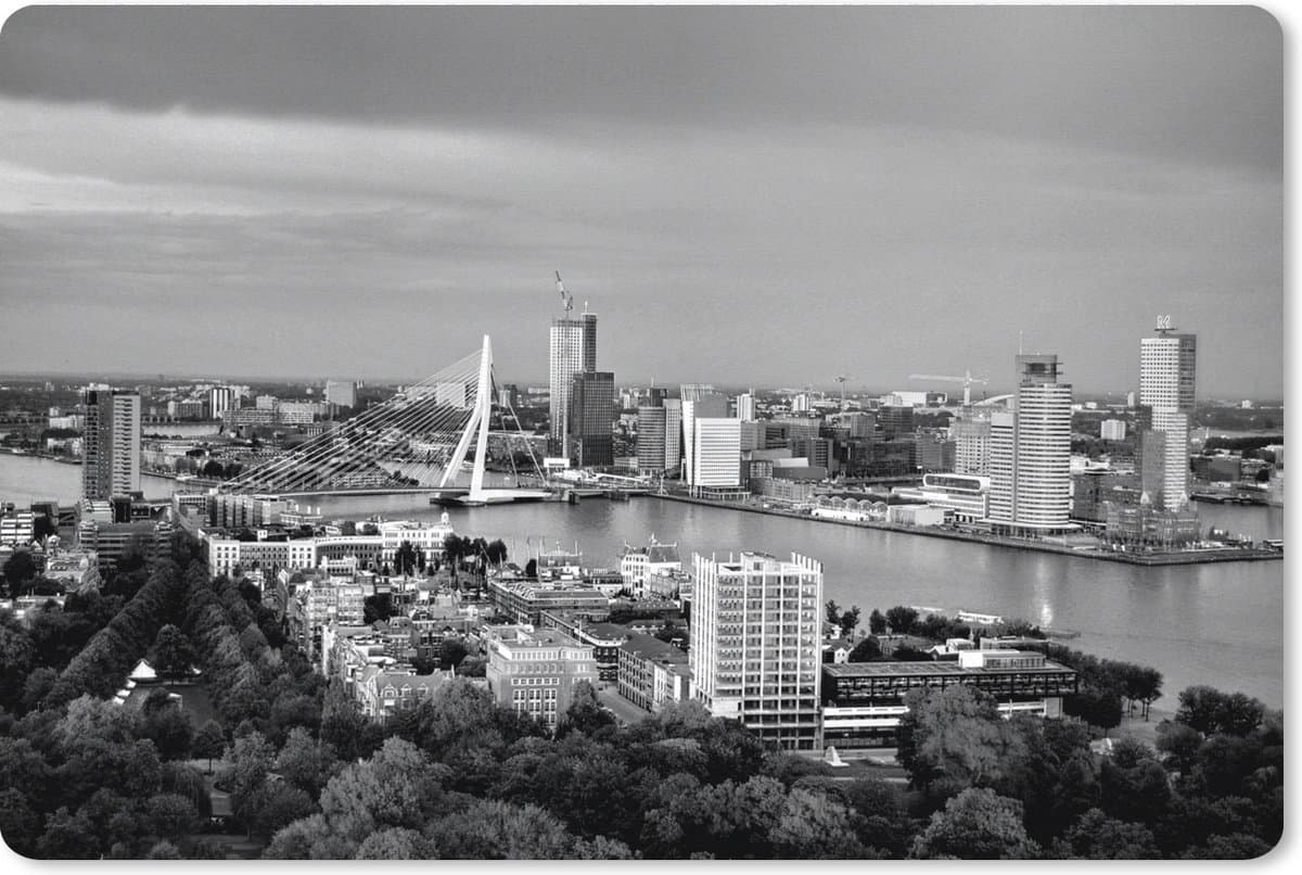 Muismat XXL - Bureau onderlegger - Bureau mat - Rotterdam skyline met de Erasmusbrug - zwart wit - 120x80 cm - XXL muismat