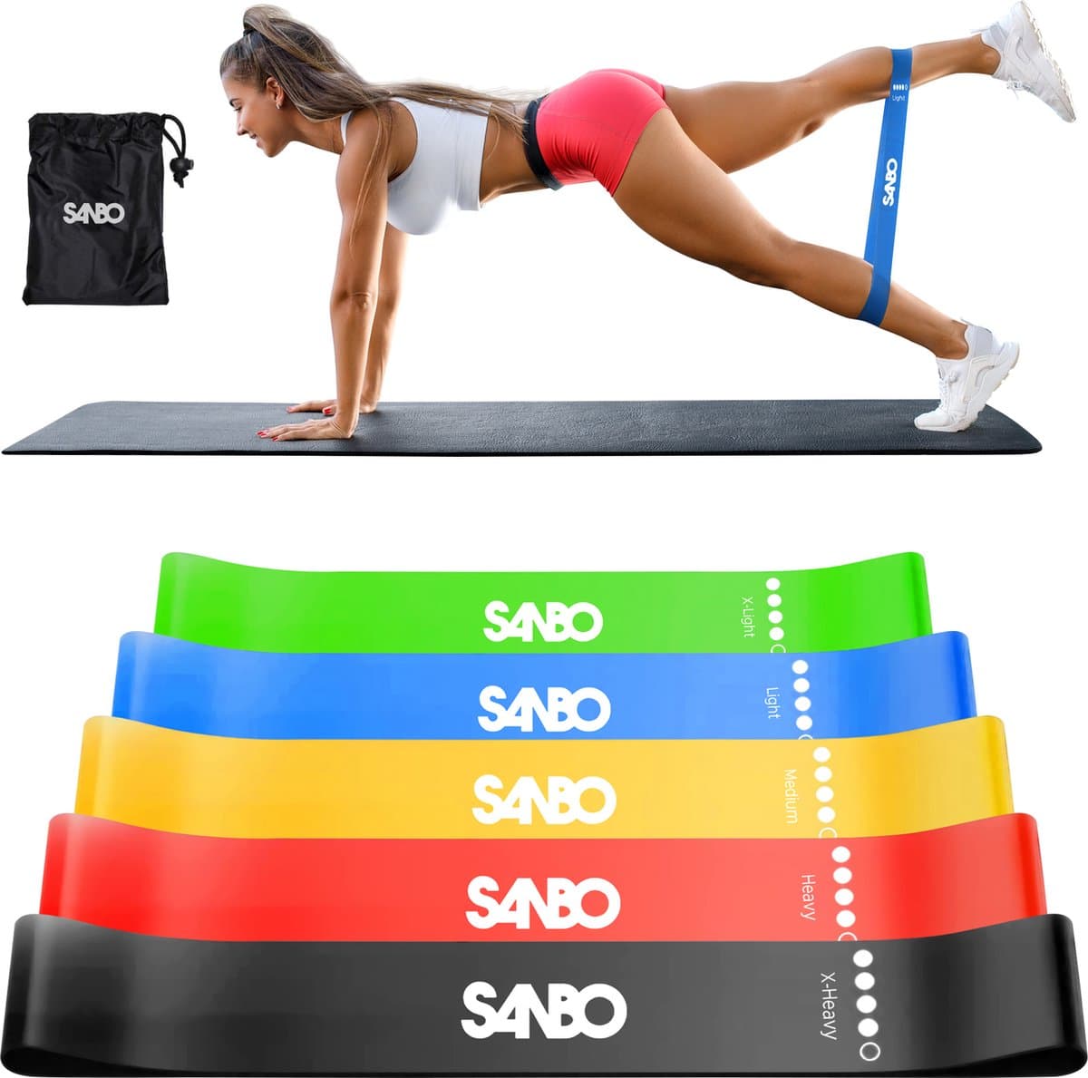 Sanbo Weerstandsbanden - set van 5 stuks - Extra sterk tot 18kg - 5 Kleuren - Incl. Opbergzakje - Resistance band set - Fitness Elastiek - Booty Band - Weerstandselastiek
