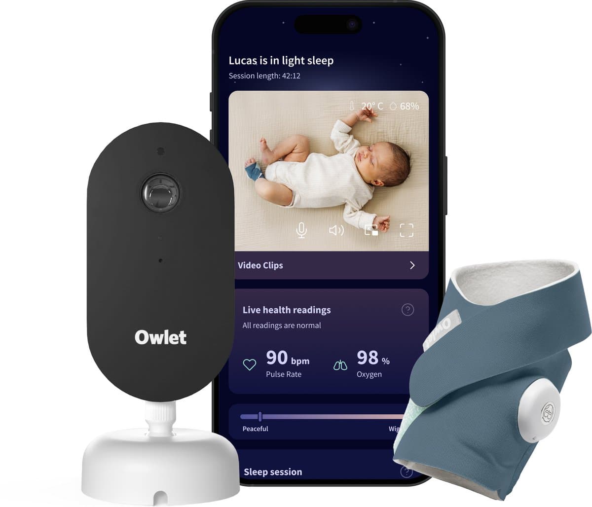 Owlet Dream Duo™ – Babyfoon met camera en baby monitor met alarm – Meet Hartslag, Zuurstof & slaapcyclus van 0 tot 18 maand – Medisch gecertificeerde babyphone - Blauw