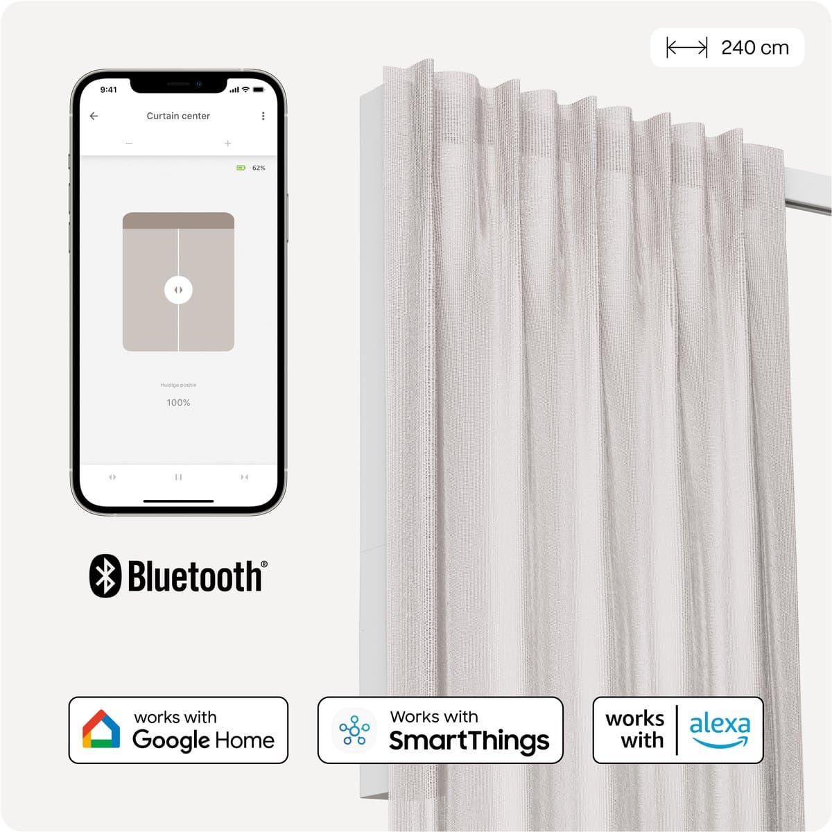 Motionblinds Slimme Gordijnrail – Smart Gordijn – Bluetooth, Draadloos & App-bediening Pull-Start Functie – USB-C Oplaadbaar – Pull-Start Functie – 240 cm