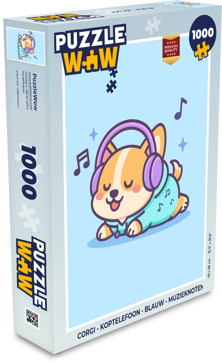 Puzzel Corgi - Koptelefoon - Blauw - Muzieknoten - Legpuzzel - Puzzel 1000 stukjes volwassenen