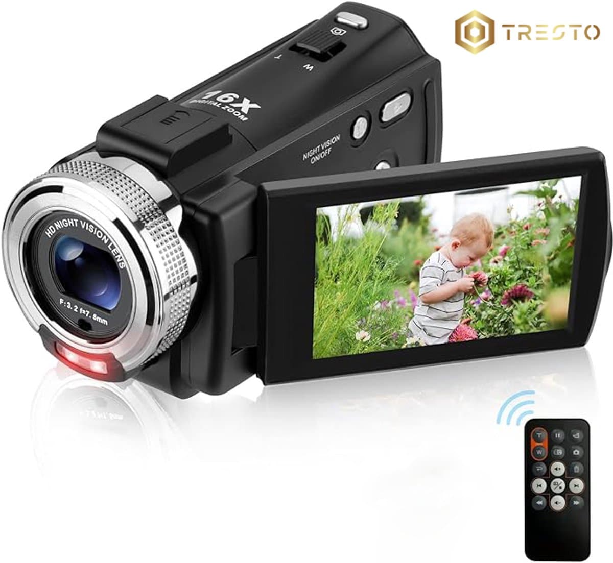 TRESTO - Handycam Camcorder - 12V Videocamera Full HD - CMOS Beeldsensor - Nachtzicht - 16x Digitale Zoom - Gezichtsfocus - Vlog camera - Met Afstandsbediening - Zwart