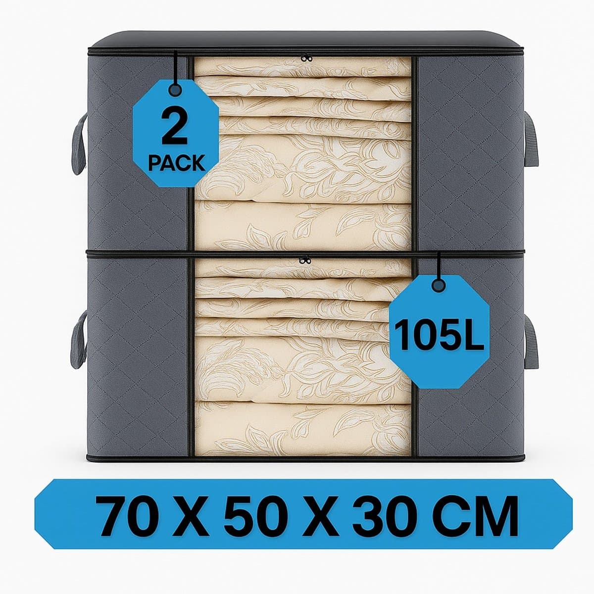 MeubelsvanJoep 2 stuks grote opbergdozen 105 liter, opbergdoos met deksel, versterkte handgreep, kleding, opbergtas, kledingdoos, verhuisdozen voor kleding, jurken, beddengoed, grijs