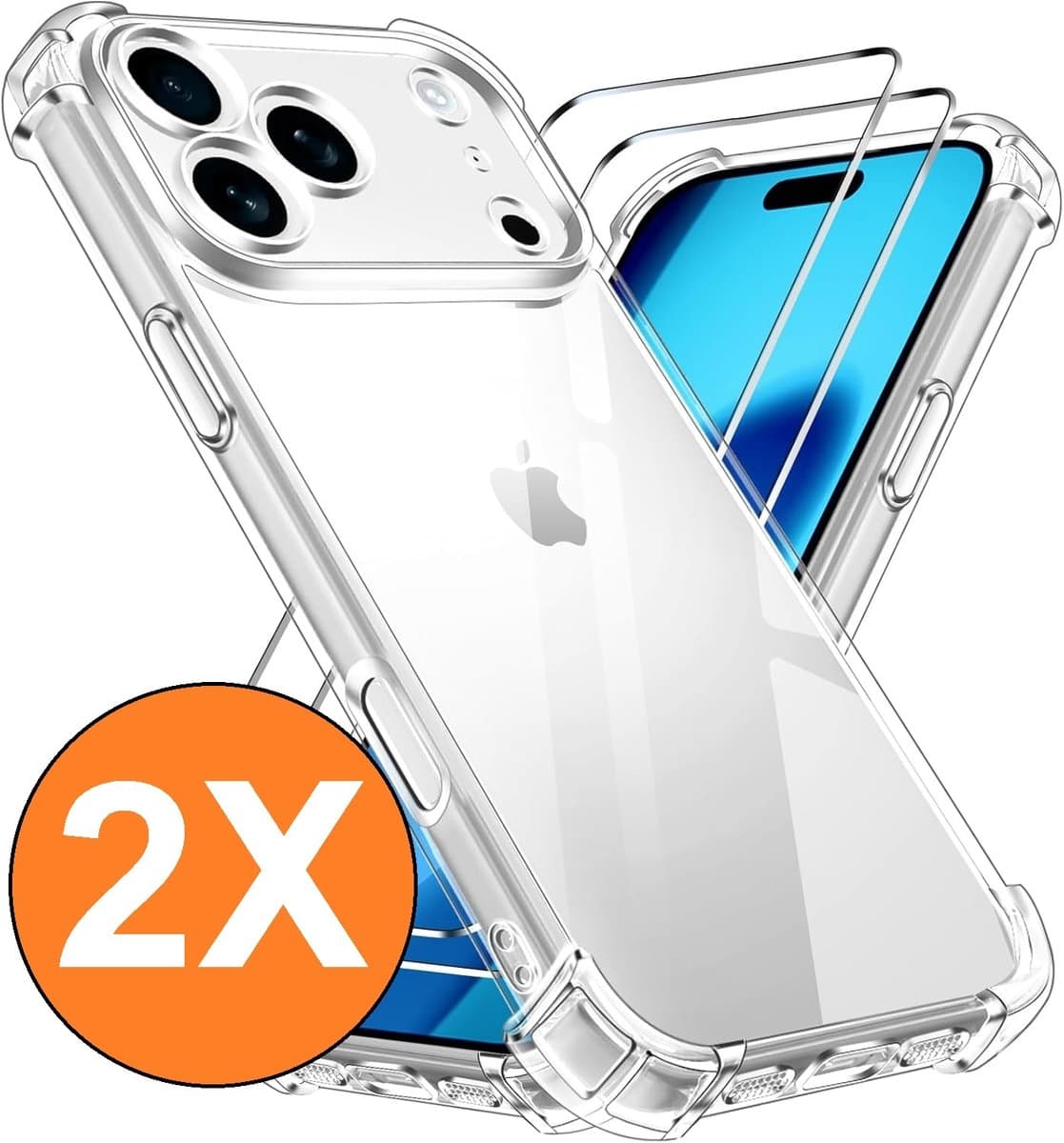 Hoesje Geschikt voor iPhone 17 Pro Max transparant Anti Shock - silicone hoesje met 2 Pack Screenprotector tempered glass