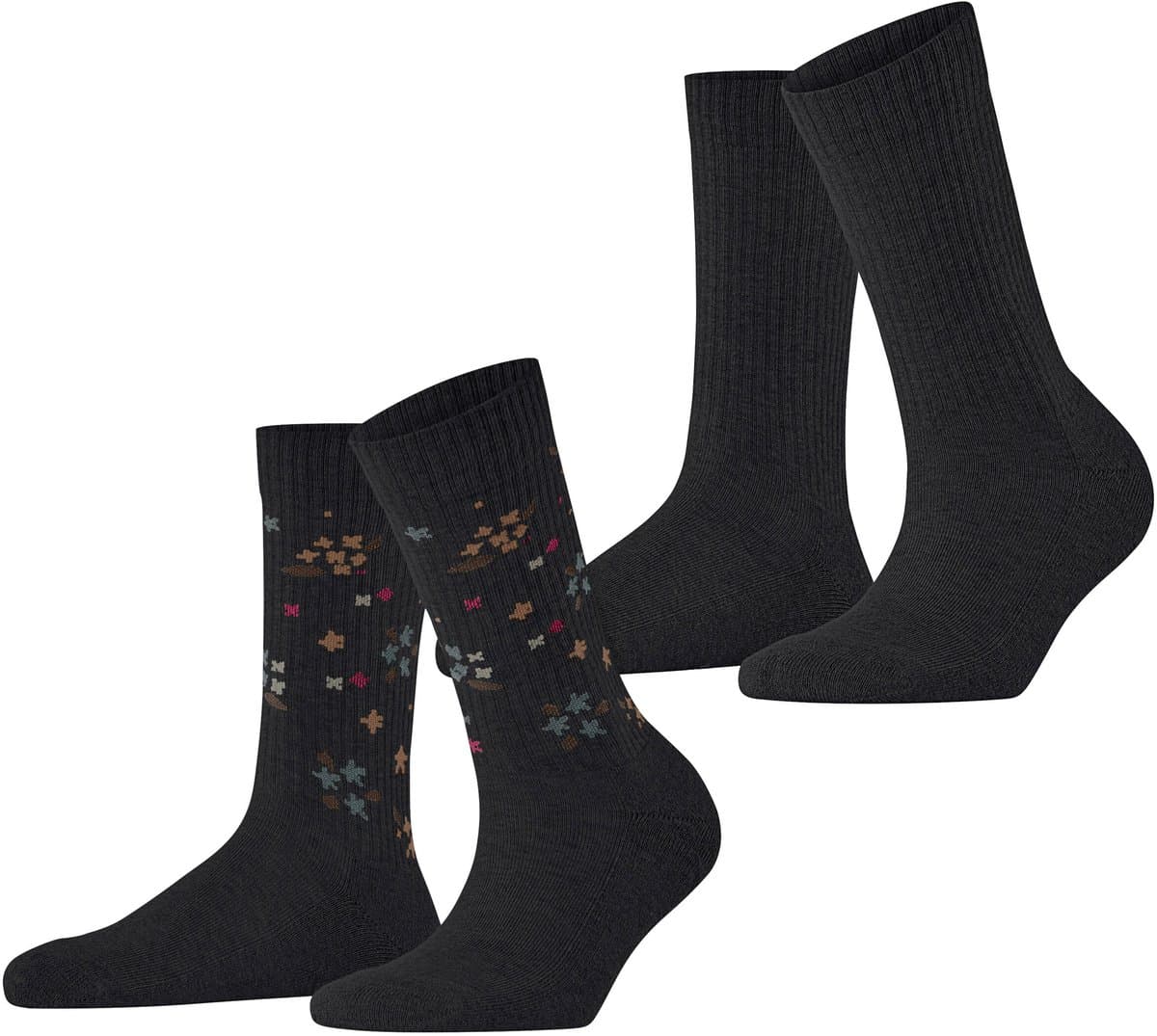 Esprit Flower Rib 2-Pack gedessineerd katoen multipack sokken dames zwart - maat 35-38