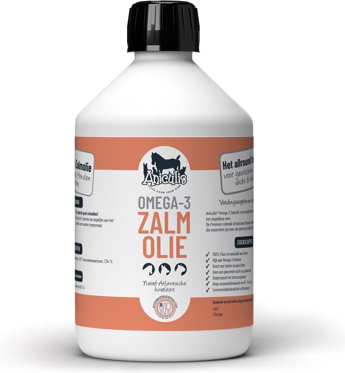 Aniculis - Omega-3 Zalmolie voor honden, katten & paarden (500ml) - Bevordert de gewrichtsfunctie - Ondersteunt een normale hartfunctie - Levensmiddelenkwaliteit uit Noorwegen
