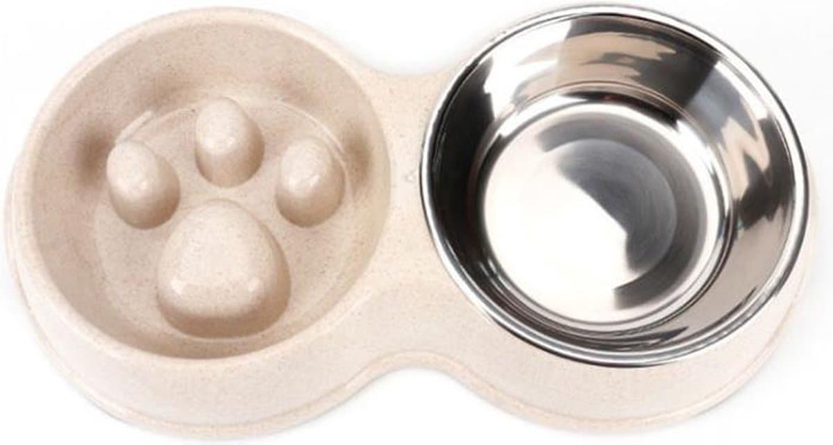 DMV Slow Feeder Dubbele Voerbak en Drinkbak Hond en Kat – RVS – Anti-Schrok – Antislip – Voerbak voor Puppy’s, Kleine en Middelgrote Honden – Beige