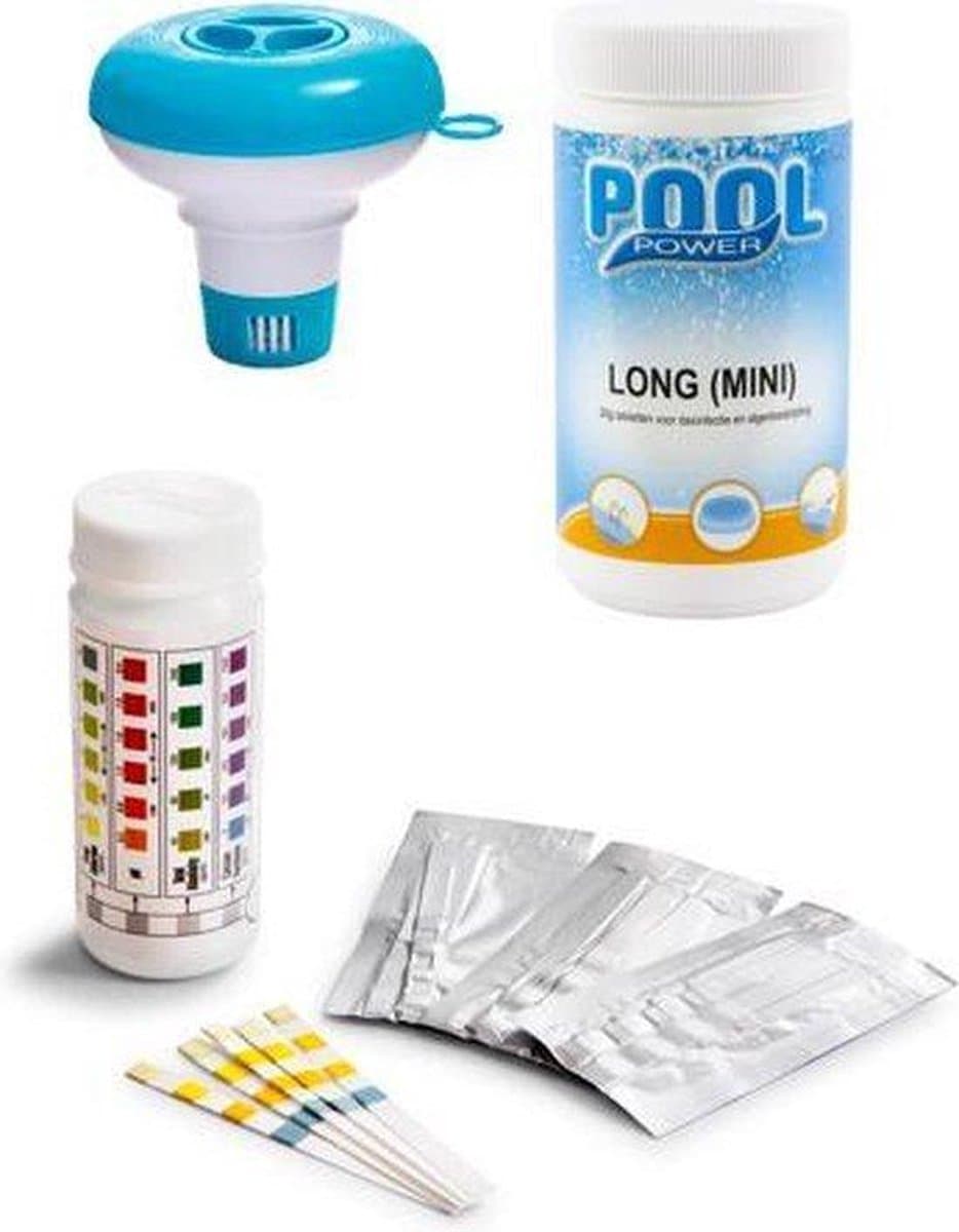 Zwembadonderhoud Bundelpakket Comfortpool Zwembad Gratis test strips PH waarde en Chloor - 3 in 1 - 50 strips - Watertester - Teststrips & Poolpower long (mini) - 20 grams chloortabletten - 1 kg & Intex Chloordrijver
