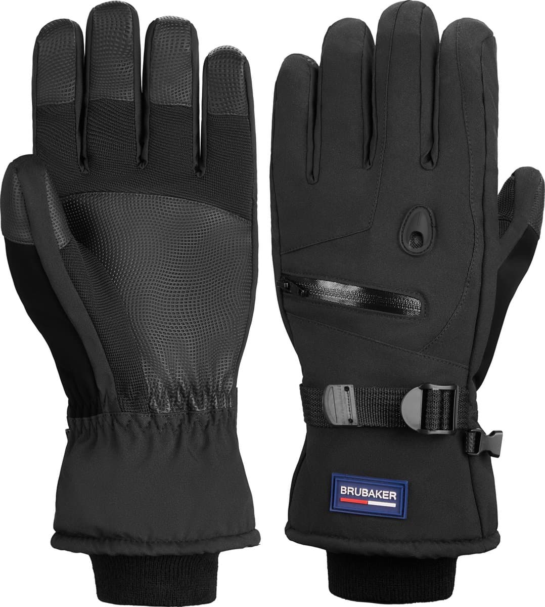 BRUBAKER Handschoenen Winter - Waterdicht en Winddicht - Ski Handschoenen voor Mannen en Vrouwen - Extra Warme Handschoenen - Thermo Handschoenen - Wintersport Schaatsen Skiën Snowboarden - Met Ritszak - Zwart - M/L