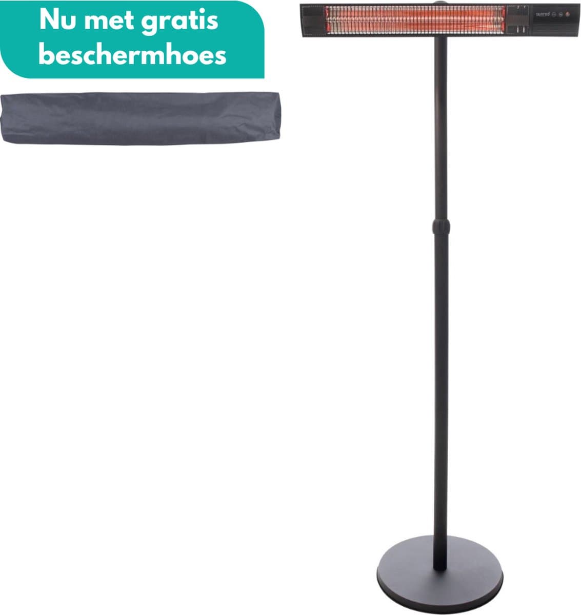 Sunred - COMBIDEAL - Heater & Hoes - Dark lijn - Zwart - Staand model - Terrasverwarmer – Carbon rosé goud technologie - 2500 W – ECO - 3 standen - Afstand bestuurbaar - Elektrische heater
