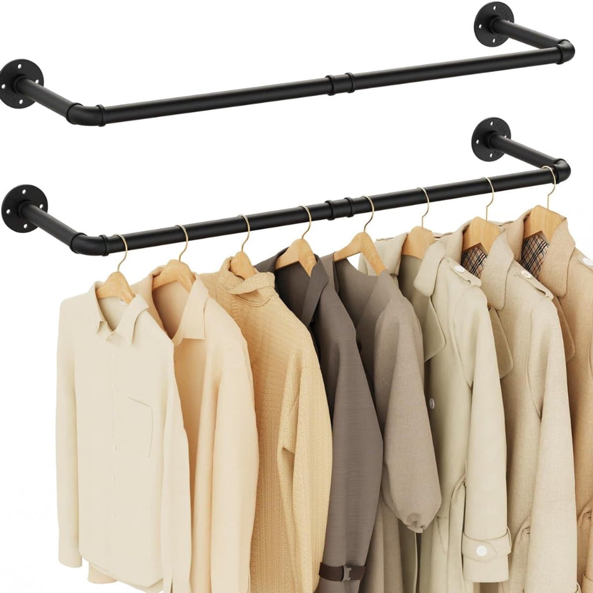 QORA® Kledingstang voor aan de Muur – Hoogwaardige Stalen Kledingroede – Set van 2 - Kledingrek - Hangrek - Garderobe Stang – Wandmontage - Zwart - 94cm x 25cm x 25cm