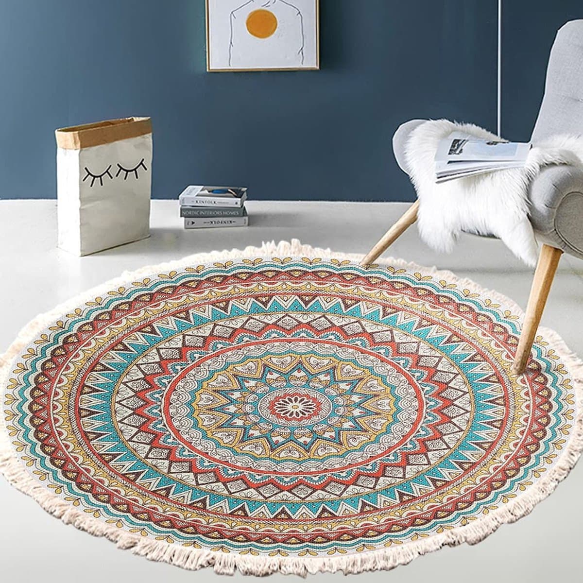 Dailygoods- Tapijt Vintage Boho - Mandalapatroon - Wasbaar - Handgeweven - Rond - 60 cm - Met Kwasten - Vloerkleed