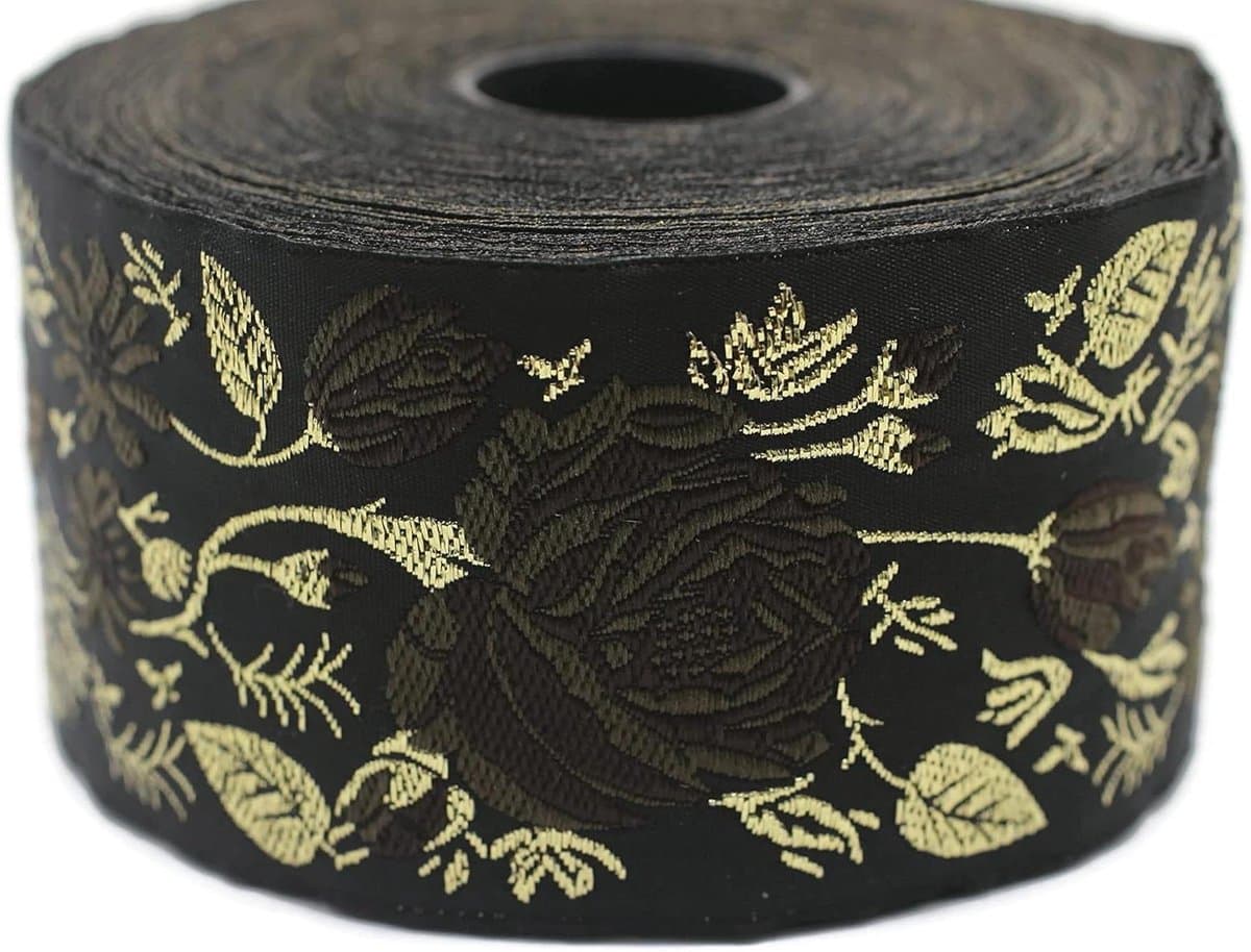 Jacquard Lint - Geborduurd Lint Versiering - Kleding Versieren - Strak Geweven - 10 Meter 50mm - Bruin Zwart