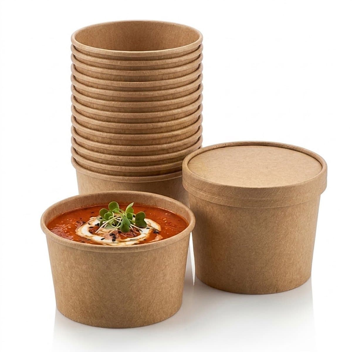 KURTT - 100 Soepbekers met deksel - 500ml - kraft soepbeker - 16oz - catering - take away - 115x92x78mm