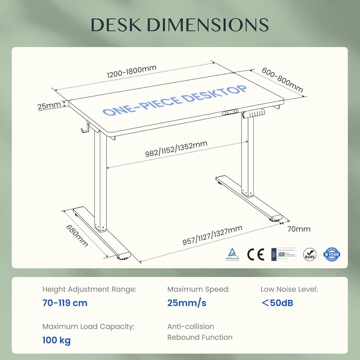 Elektrisch Zit-Sta Bureau 120x80 cm met Dubbele Motor – House&Garden Azure Elite Desk – In Hoogte Verstelbaar Bureau met Geheugenfunctie, Hoogtedisplay, Kabelmanagement en Ergonomische Werkplek – Esdoorn & Sierrablauw