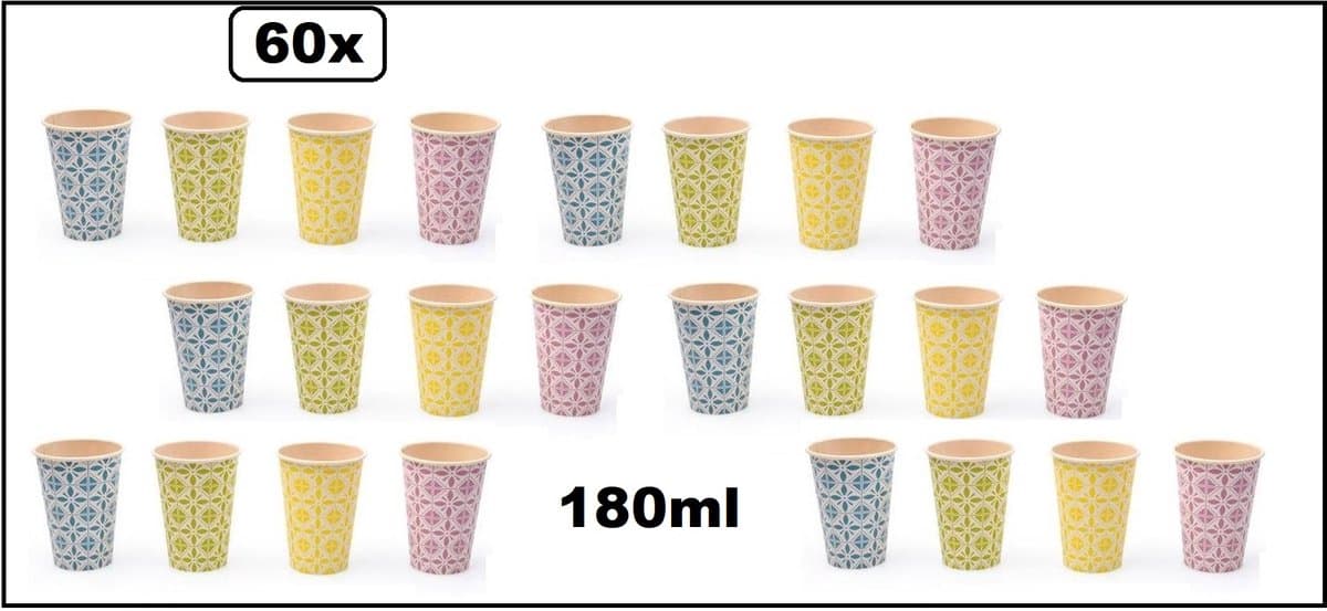 60x Beker Portugese/Spaanse mozaiek 180ml 4 assortie - OP=OP - Koffie choco limonade drinken suiker melk