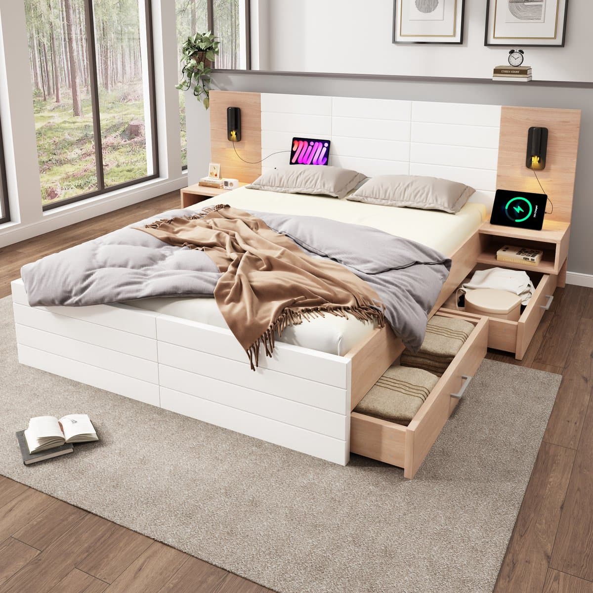 HAUSS SPOLE Bed 180x200 cm - Tweepersoons Met 360° Leeslamp En USB - 2 Laden En Nachtkastjes - Hout;MDF - Wit+Lichtbruin - Zonder matras