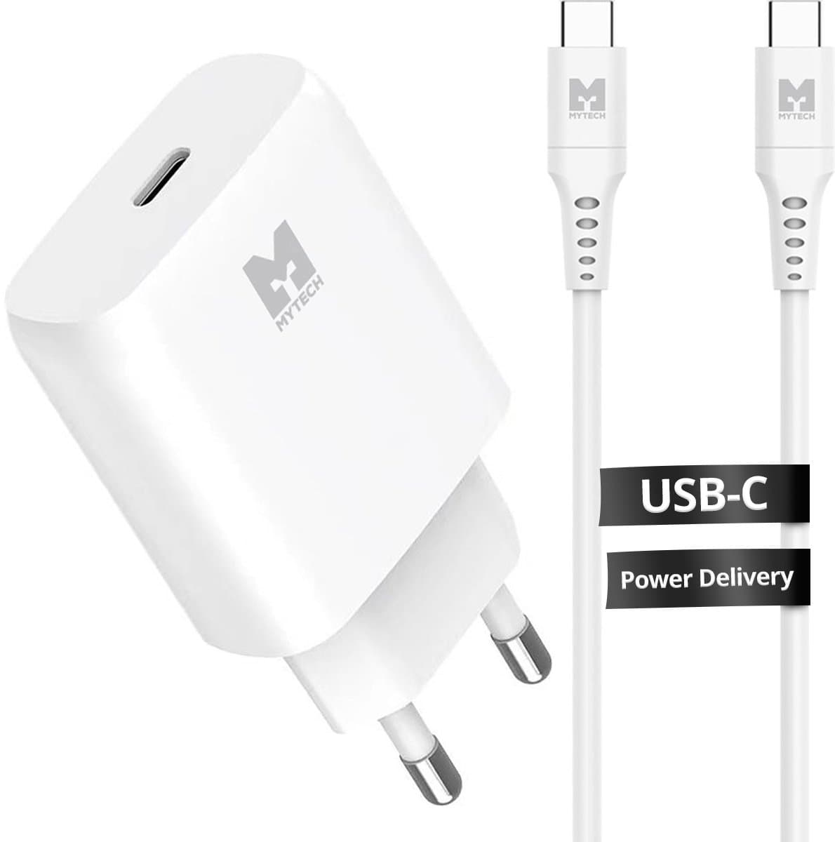 MYTECH - Snellader iPhone & Samsung - 20W Adapter USB C - USB C oplader naar USB C kabel - 2 meter - Wit
