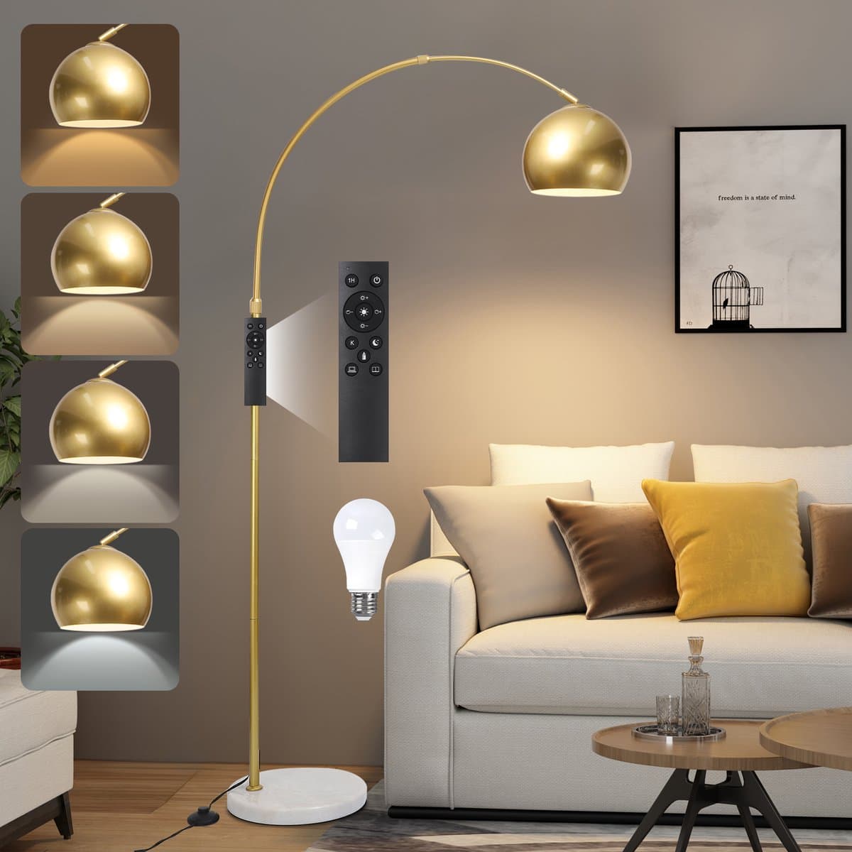 Rosnek 175 cm Moderne Boog Vloerlamp Dimmbaar met Marmeren Basis - Afstandsbediening & Voetbediening Inbegrepen - Hoogte Verstelbaar & 360° Kap - Incl. 12W LED-lamp - Staande Lampe voor Woonkamer, Slaapkamer