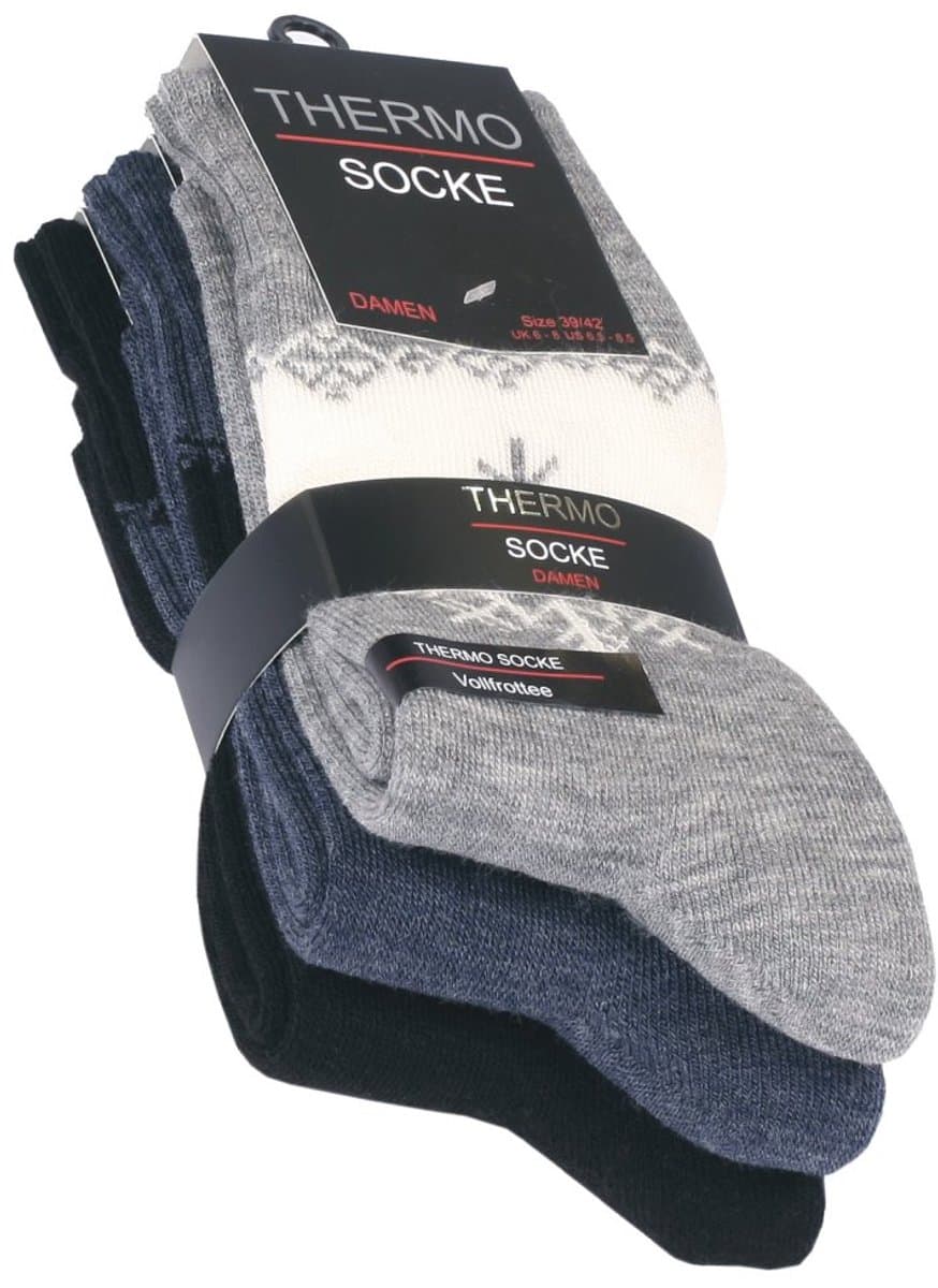 3paar Thermo damessokken warme sokken met sneeuwvlokmotief in grijs, blauw en zwart maat 39-42