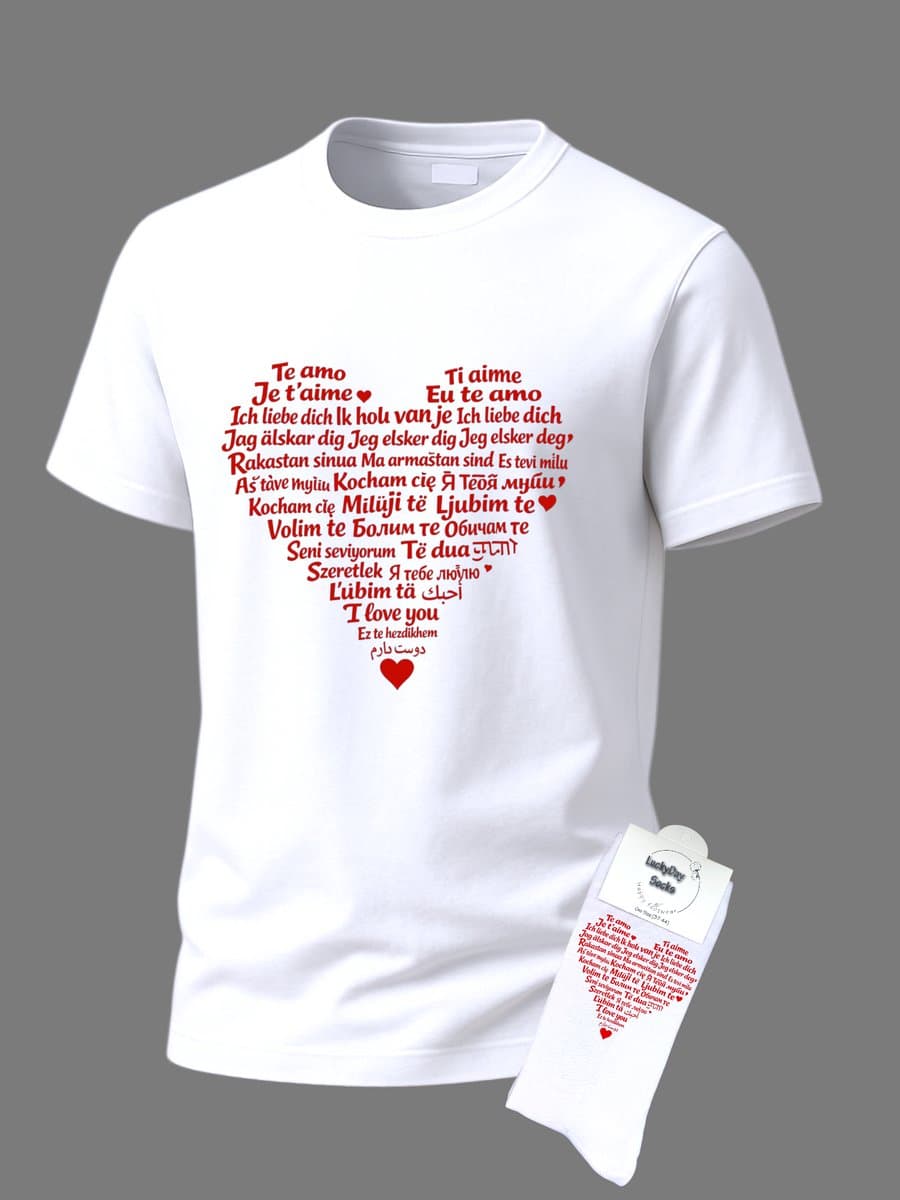 Valentijn cadeau - 50 talen Ik hou van jou - Giftset - Tekst Liefde - T-shirt Liefde - Cadeau set shirt met sokken - Speciaal cadeau - Grappig cadeau voor vrouw en man - Valentijnsdag - T-shirt voor dames en heren - Maat M