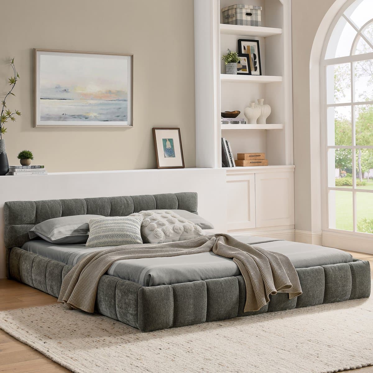 STILVORA Tweepersoonsbed 140x200 cm – Gestoffeerd met Chenille Bekleding – Gestept Anti-Pilling Design – Eucalyptus Hout + IJzer – Zonder Matras – Donkergrijs