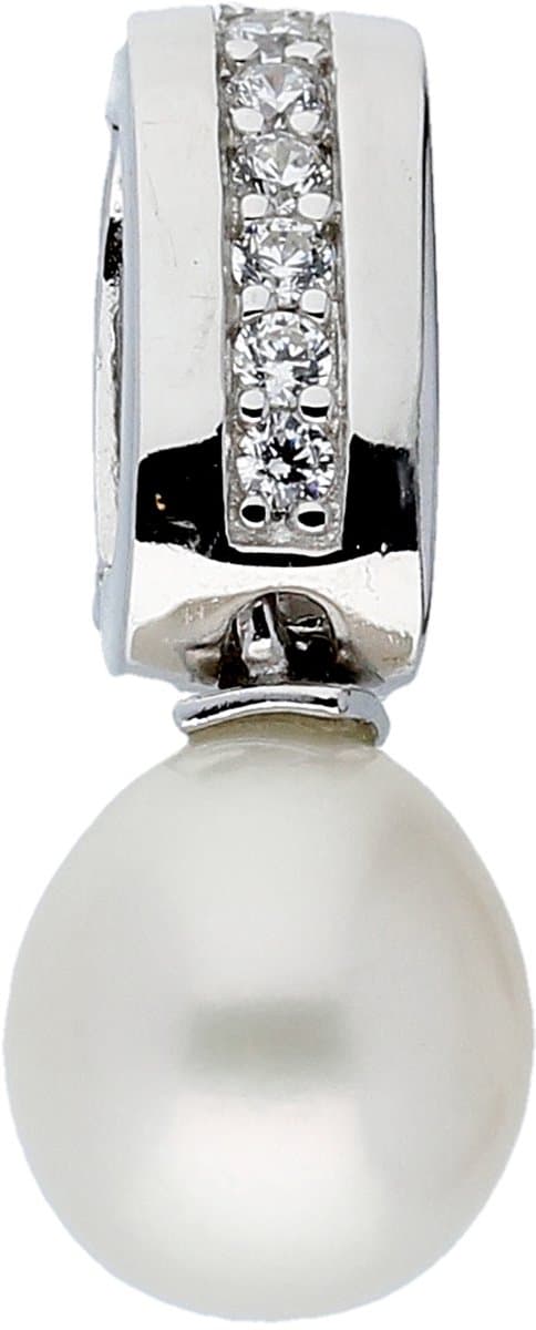 Silver Lining parelhanger - zilveren gerodineerd - witte zoetwaterparel - 24 x 8 mm