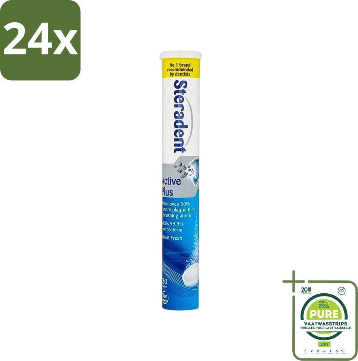 Steradent - Reinigingstabletten - Active Plus - Tegen Tandsteen & Bacteriën - 30 Tabletten - Voordeelverpakking - 24 stuks - Kunstgebit reiniging - Tandsteen verwijderen
