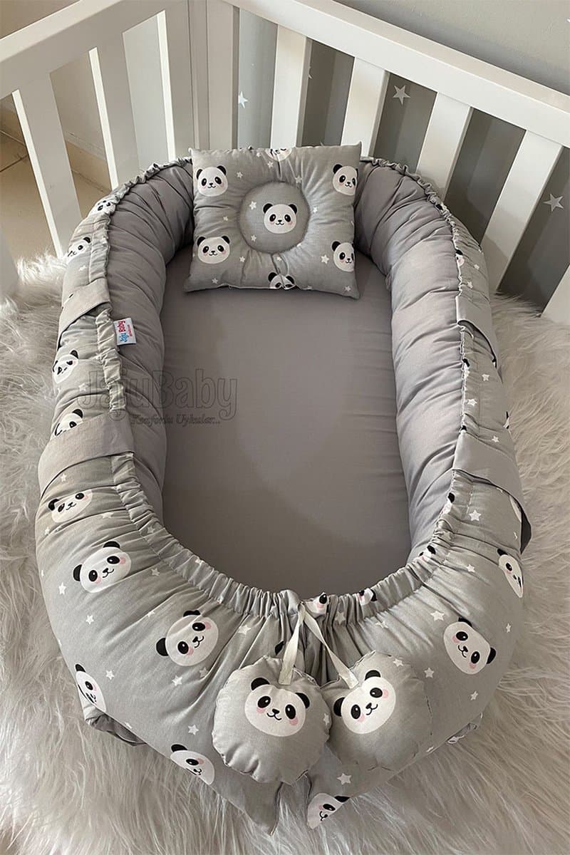Babynestje en Hoofdkussen- Grijs en Panda Patroon - 74 x 40 cm