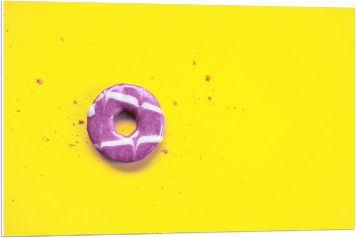 Forex - Roze Donut met Gele Achtergrond - 90x60cm Foto op Forex