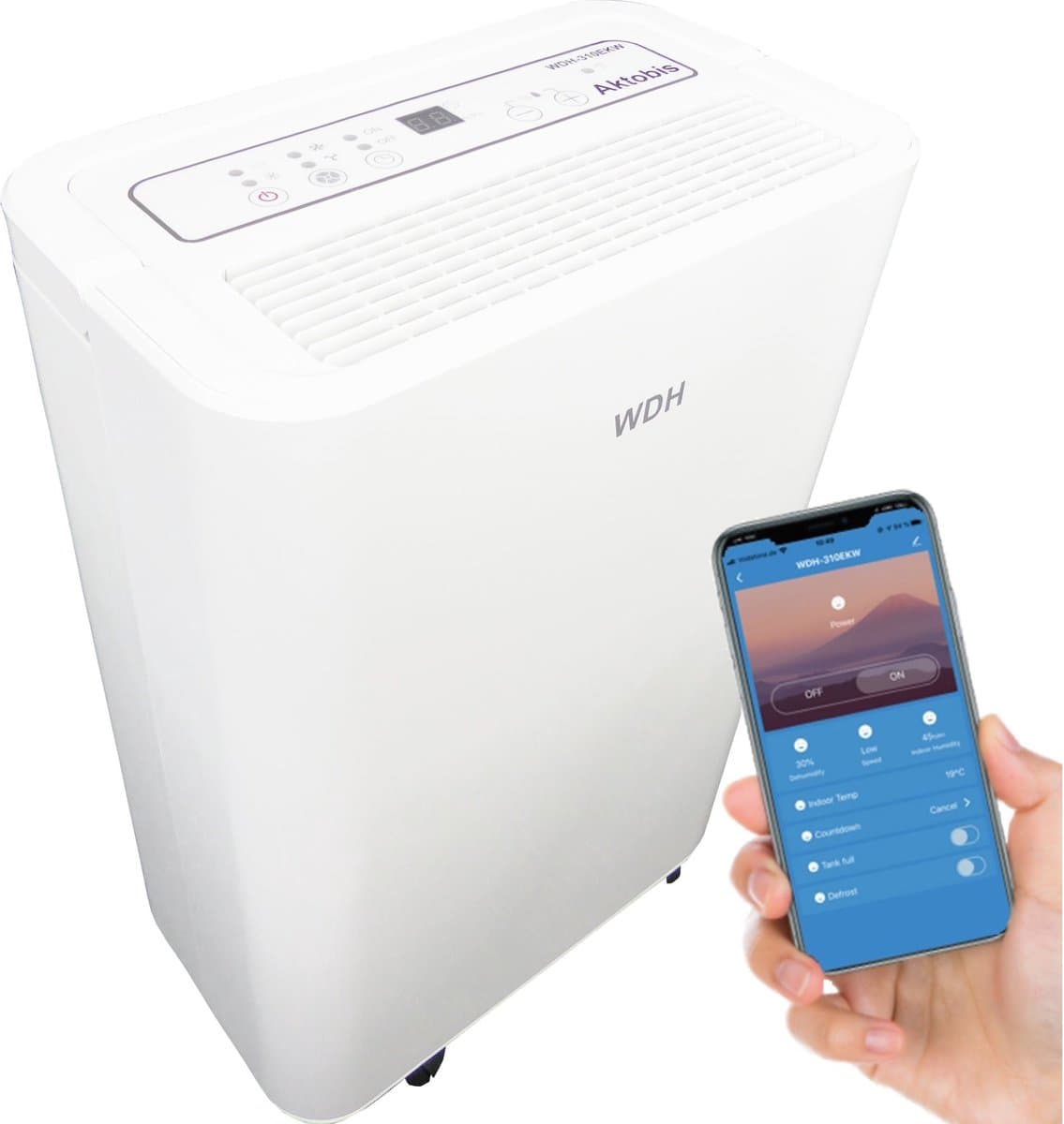 AKTOBIS AG WiFi luchtontvochtiger WDH-310EKW - tot 12Liter / dag - 2,5l tank - Voor ruimtes tot 30M² - App bediening - Stille werkingsmodus - Antibacterieel luchtfilter - Externe timer