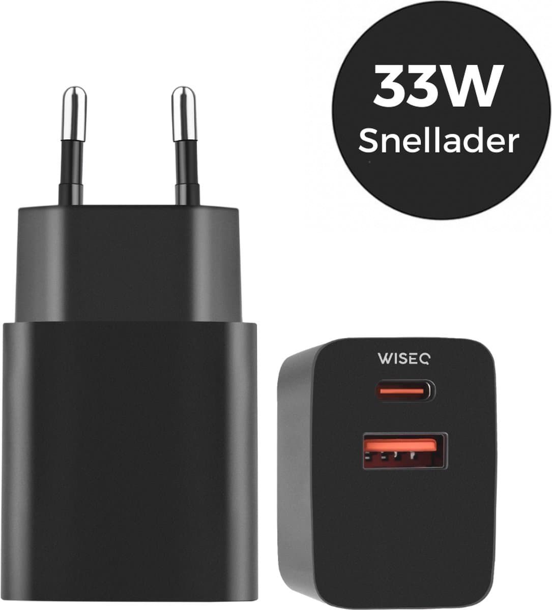 33W Adapter - Snellader Dubbele poorten - USB A & USB C - Geschikt voor Samsung, Huawei, Oppo, iPhone 15 & MacBooks - Elegant Zwart - WiseQ