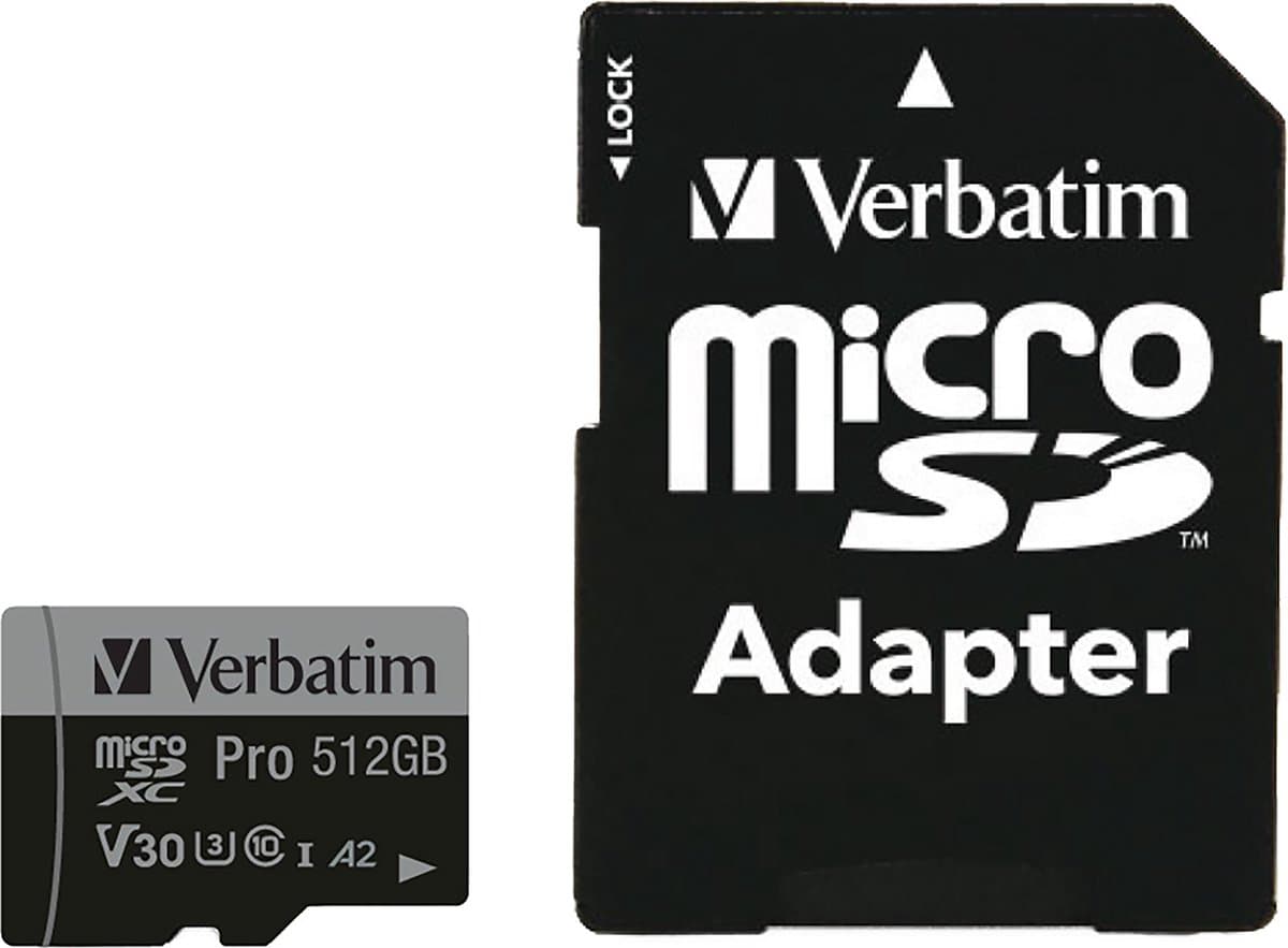 Verbatim Pro microSDXC-kaart 512 GB UHS-Class 3 4K-video-ondersteuning, A2-vermogensstandaard, Incl. SD-adapter, Schokb