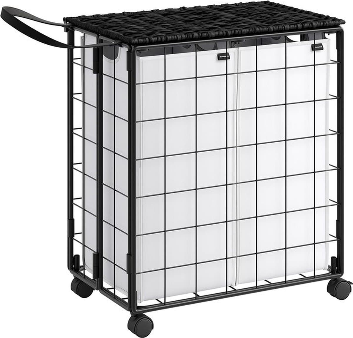 Wasmand - Metalen Wasmand - Met wielen en deksel - 110L - Wit Zwart