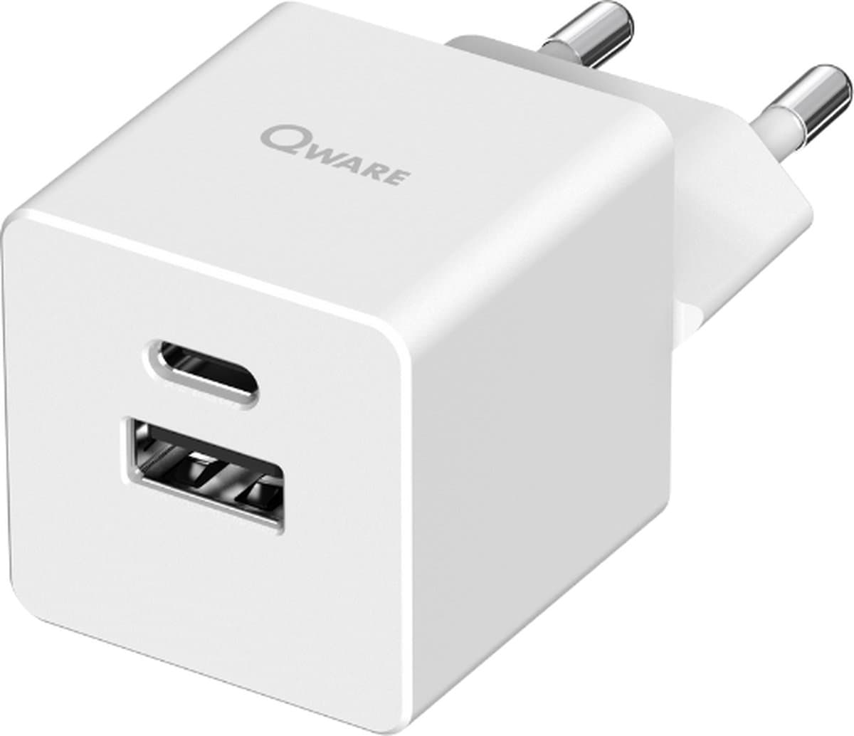 Qware - Mini Dual Charger - Iphone Oplader - Power Delivery - 20 Watt - USB-A - USB-C - Adapter - Oplader - Wit