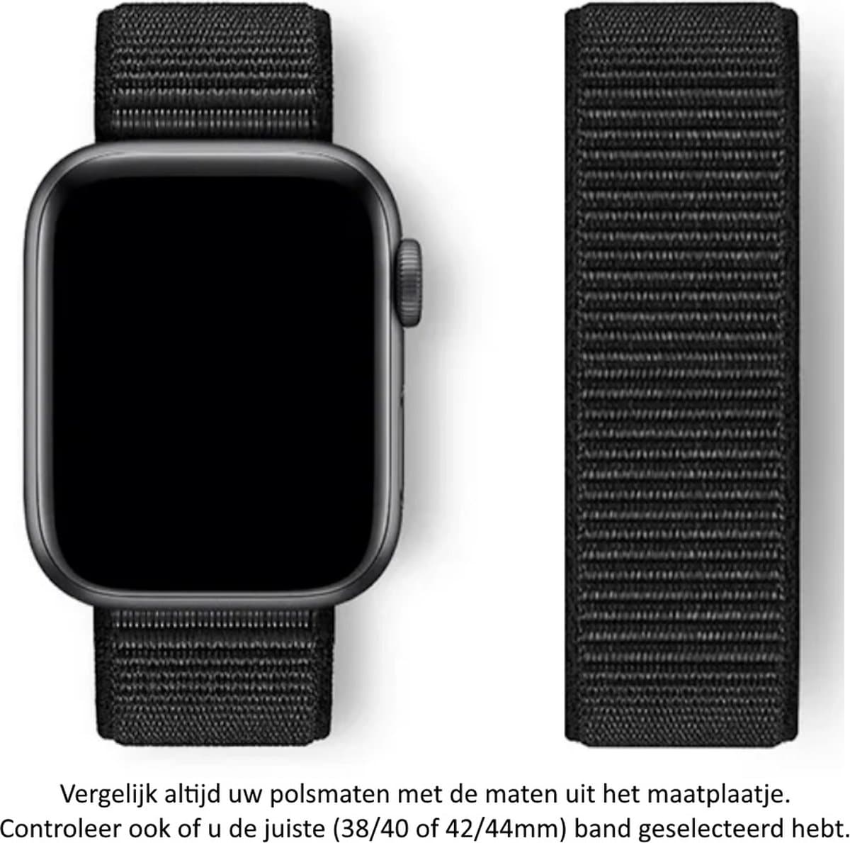 Zwart Nylon Horloge Band geschikt voor Apple Watch 1, 2, 3, 4, 5, 6, 7, 8, SE, 42mm, 44mm & 45mm "Mannenbreedte" Series Zacht Geweven Nylon - Klittenband Sluiting - 42 mm, 44 mm en 45 mm - black