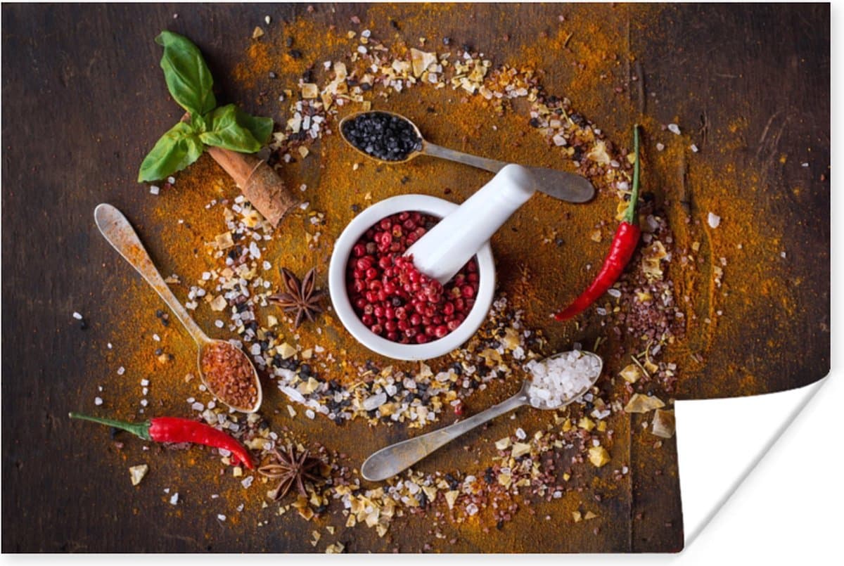 Poster Vijzel - Kruiden - Lepels - Specerijen - Bruin - Peper - 120x80 cm