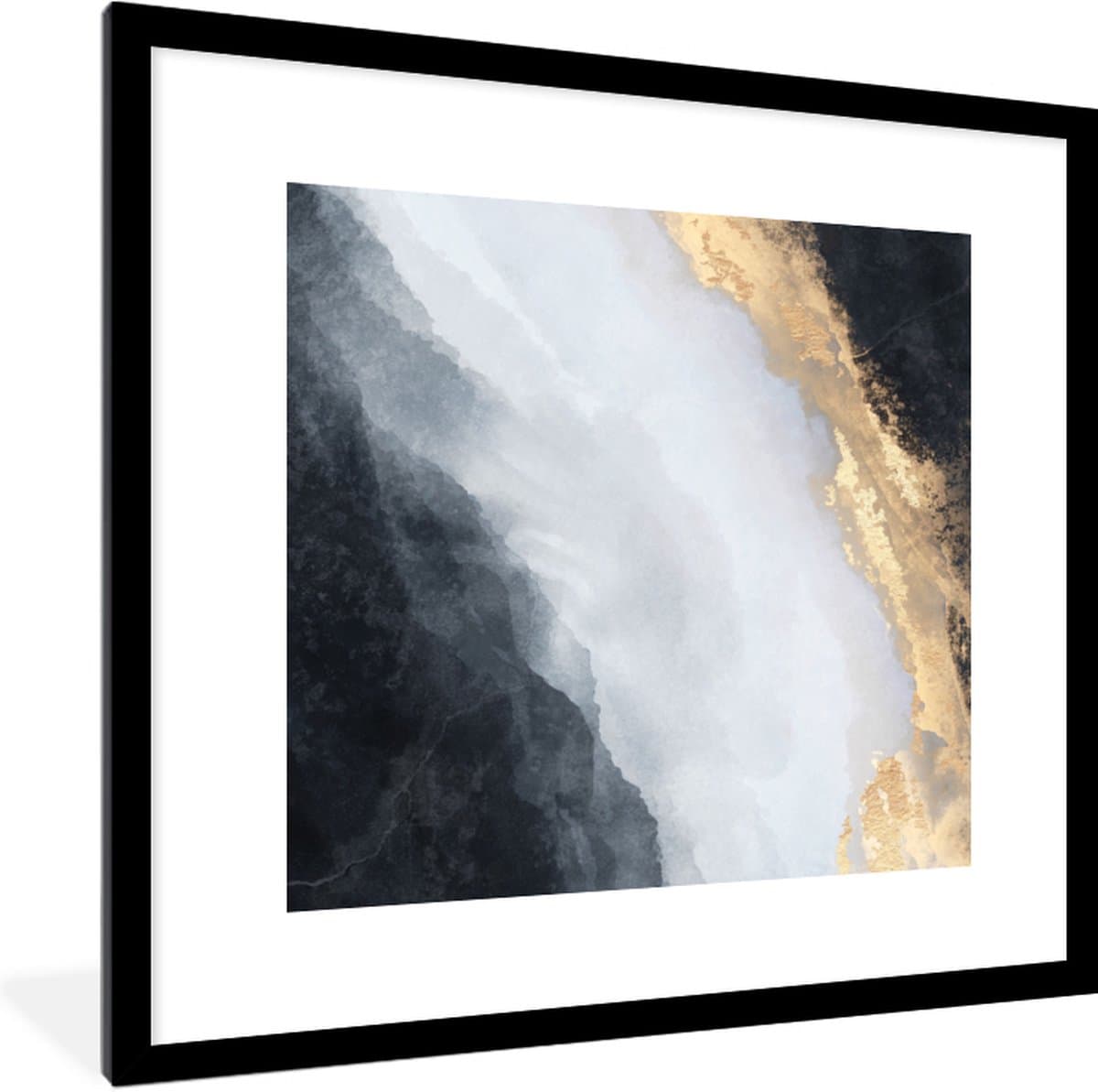 Fotolijst incl. Poster - Abstract - Verf - Goud - Zwart - Marmer - 40x40 cm - Posterlijst