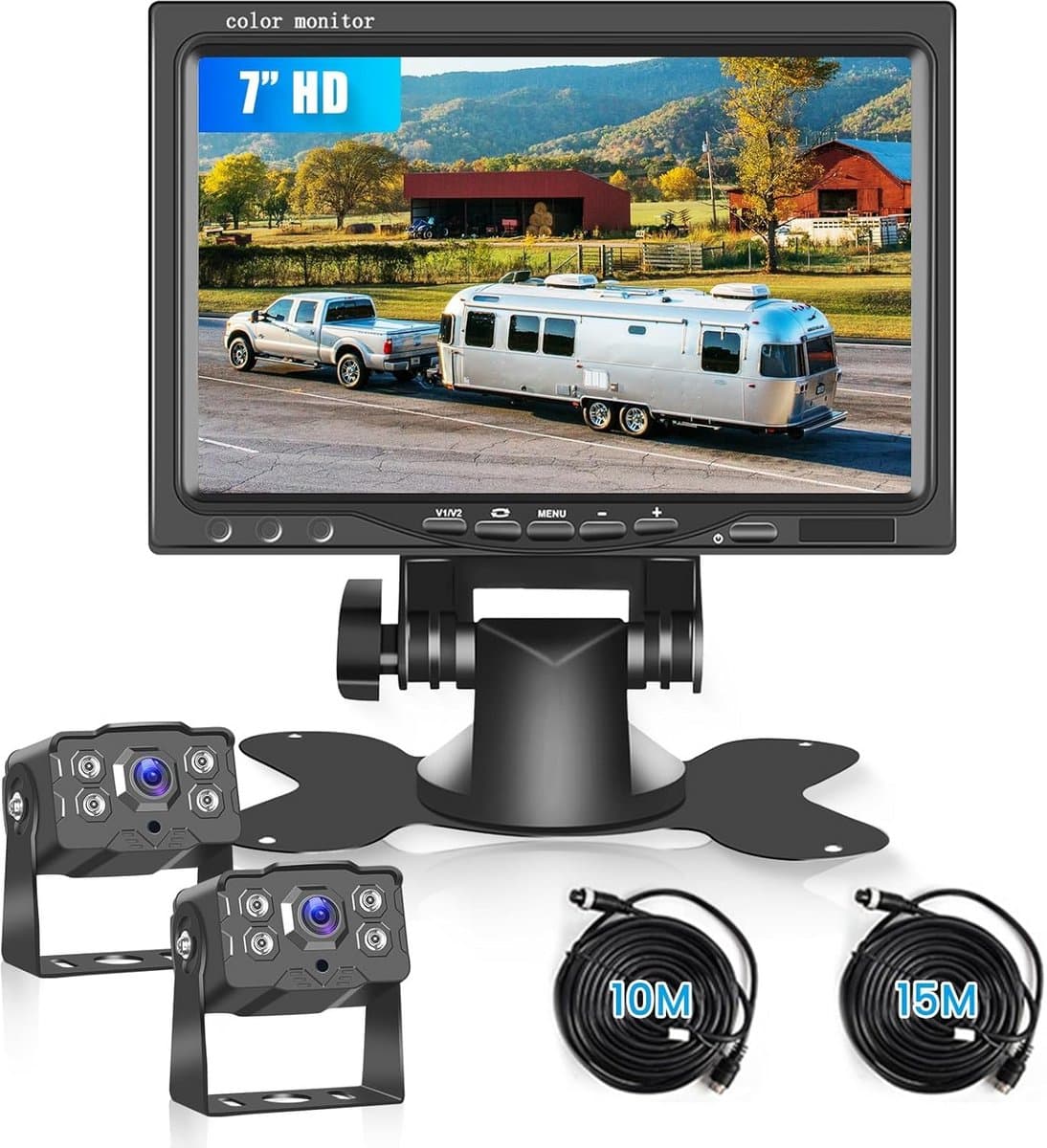 Achteruitrijcamera Set HD 1080P met 7 Inch IPS Monitor - Dubbele Camera, Nachtzicht en IP68 Waterdicht voor Vrachtwagen, Bus & Camper