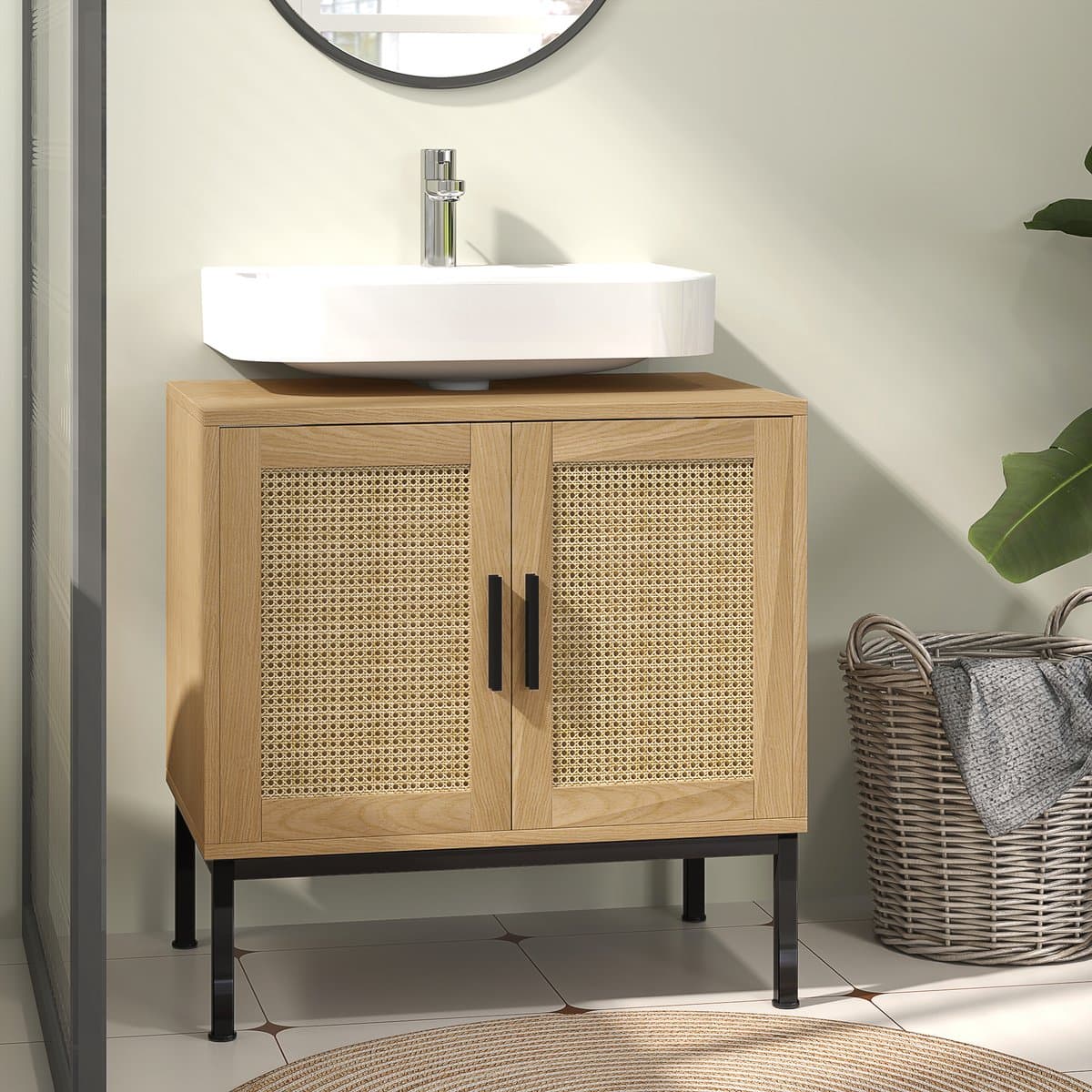 MODFU - Wastafelonderkast - Rattanlook - Boho - Badkamer - Hout - Eiken - 60 X 39 X 60 Cm