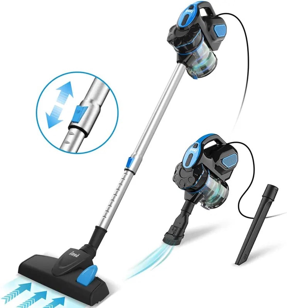 Inse - Steelstofzuiger met draad - 3 in 1 Stofzuiger zonder zak - Handstofzuiger met snoer en steel - 3 verschillende opzetstukken - 600W - Blauw - 18Kpa