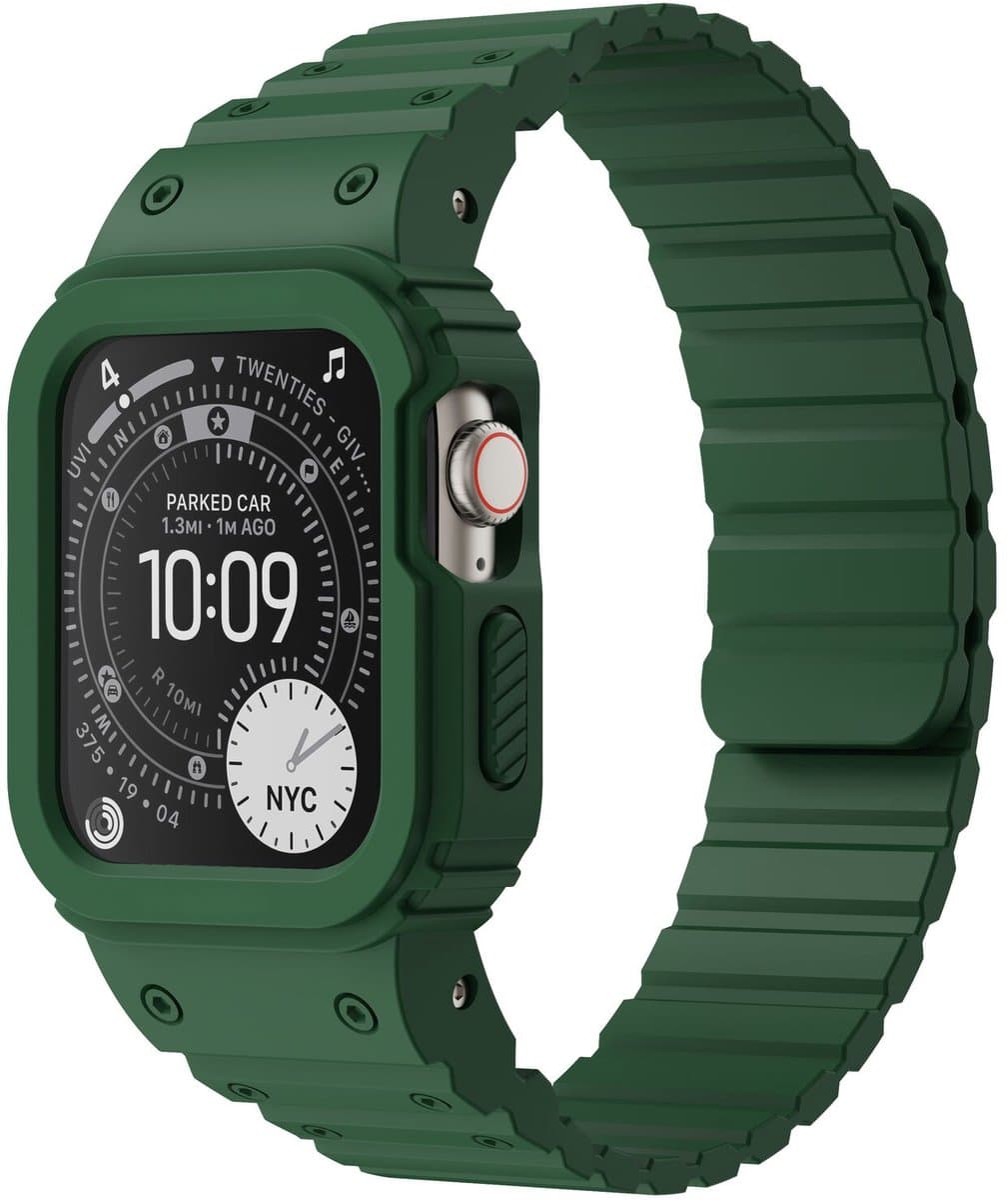 Buddi Forge Bandje en Hoesje Geschikt voor Apple Watch 44/45MM - Siliconen Sportbandje met Case - Magneetsluiting - Groen