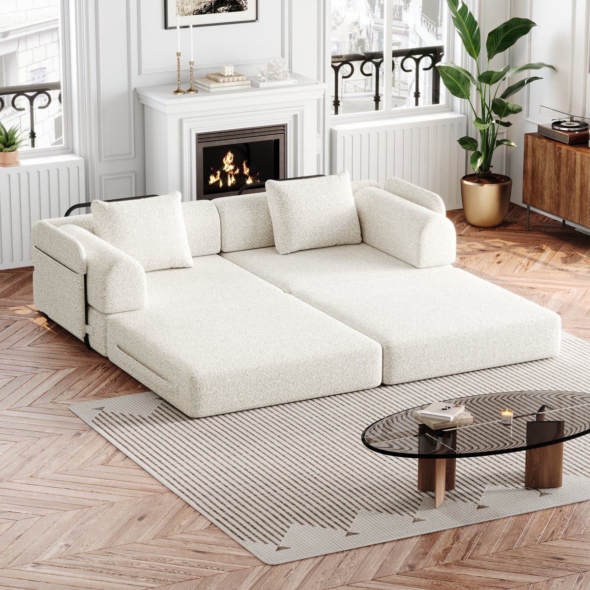 MODFU - 2-In-1 Slaapbank - Met Opbergvak En Stalen Frame - Minimalistisch - Chenille - Beige