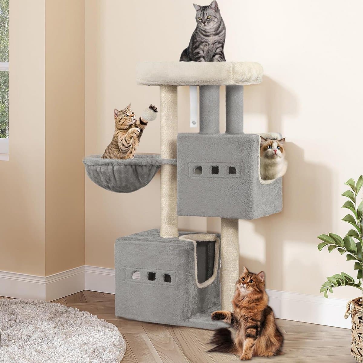 Kattenkrabpaal met Meerdere Verdiepingen en Hangmat - Lichtgrijs