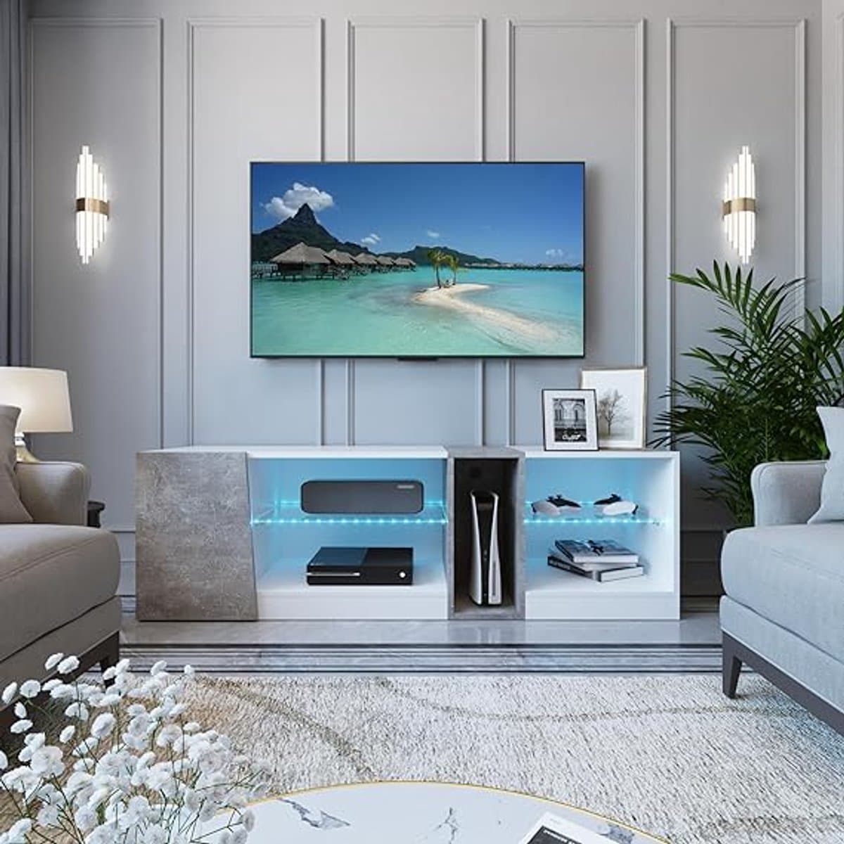 LumiGlow Modern LED TV-Meubel met 5 Open Vakken, Opbergkast en RGB Verlichting – 140 x 45 x 37,5 cm, geschikt voor 55 inch TV, wit/grijs
