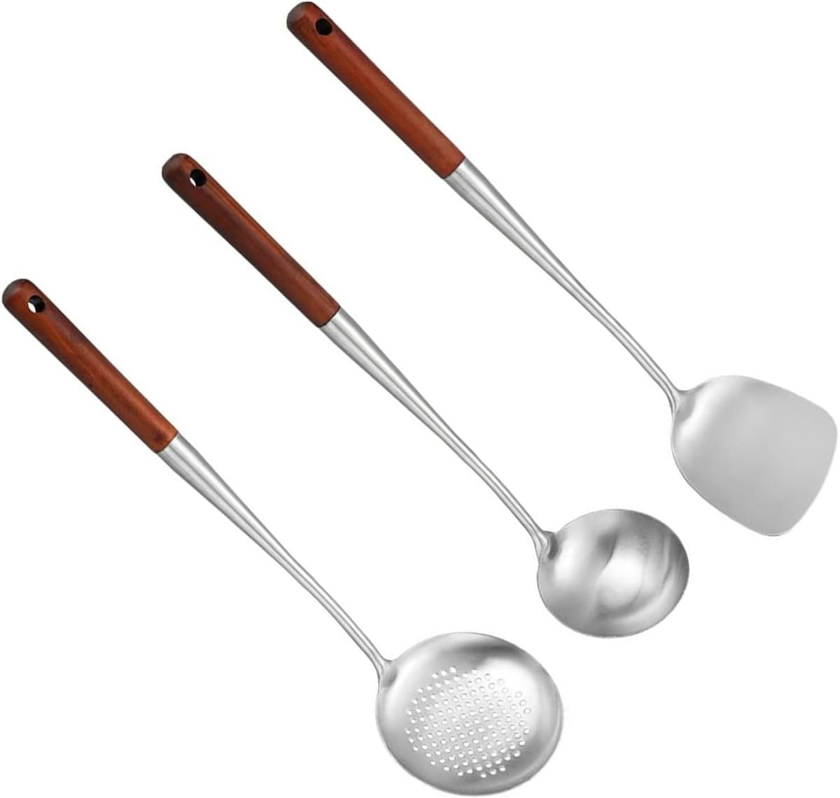 Wok spatula set van 3 stuks met roestvrijstalen lepel, hittebestendige houten handgreep en keukenhulpen, vaatwasserbestendig en perfect voor het bereiden van gerechten